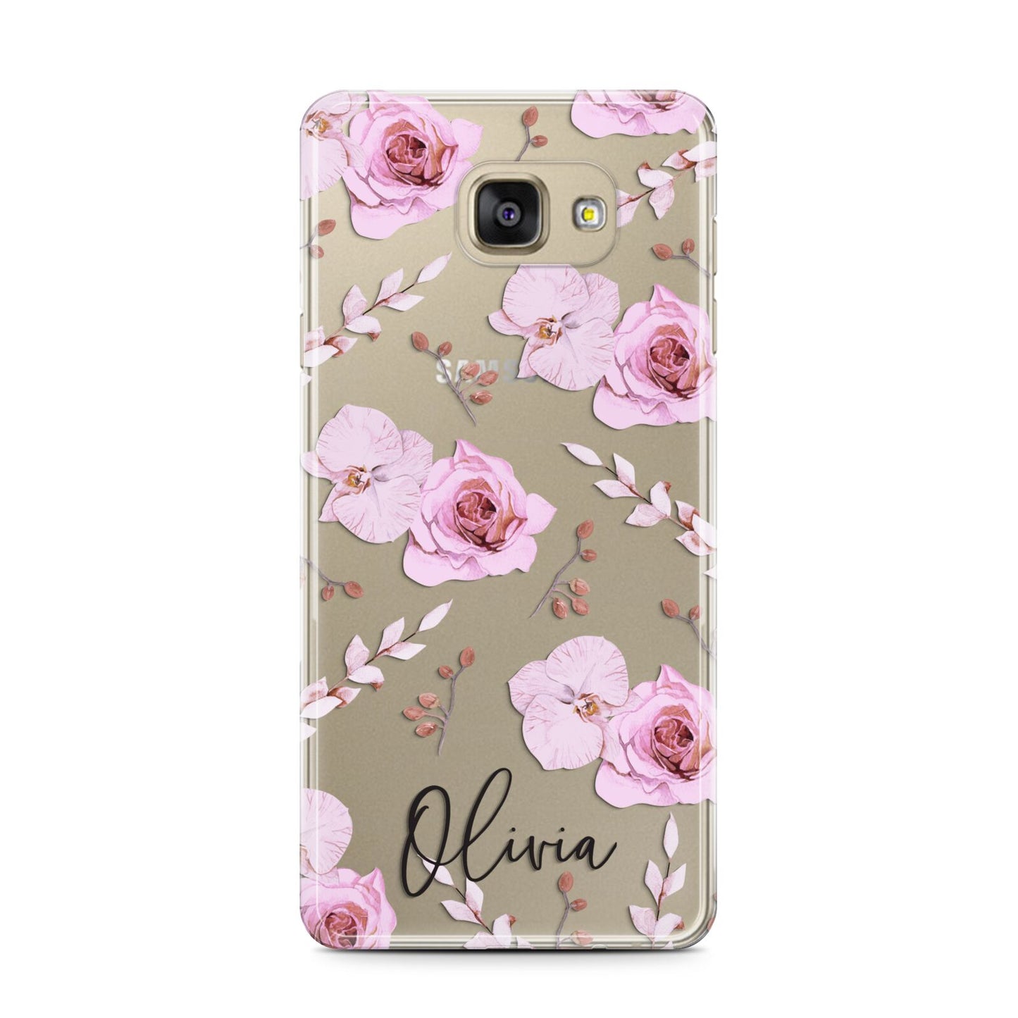 Personalised Dusty Pink Flowers Samsung Galaxy A7 2016 Case on gold phone