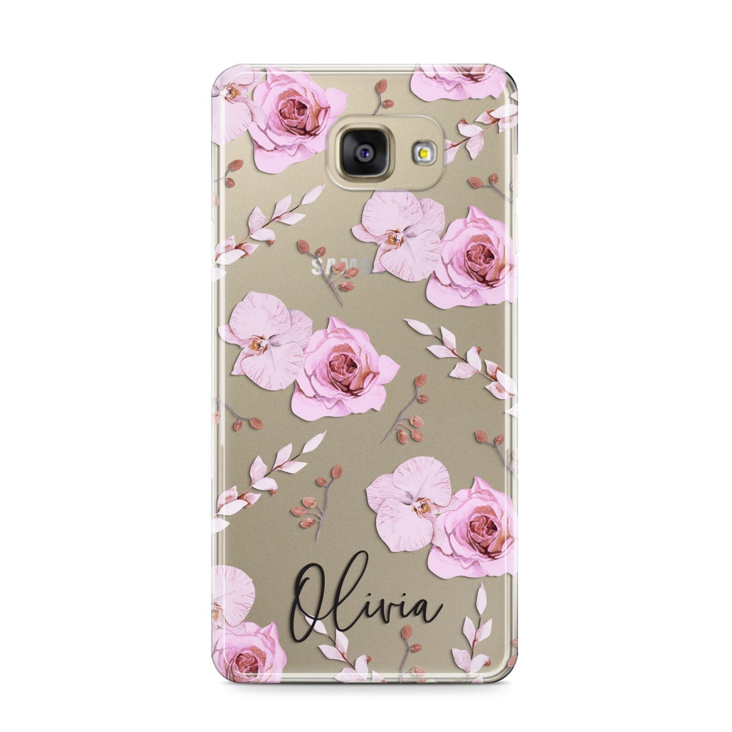 Personalised Dusty Pink Flowers Samsung Galaxy A9 2016 Case on gold phone