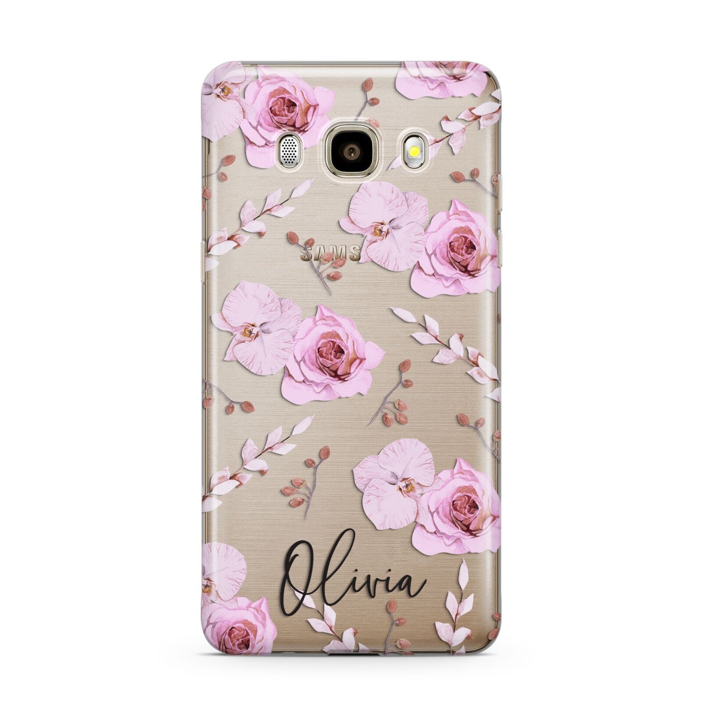 Personalised Dusty Pink Flowers Samsung Galaxy J7 2016 Case on gold phone