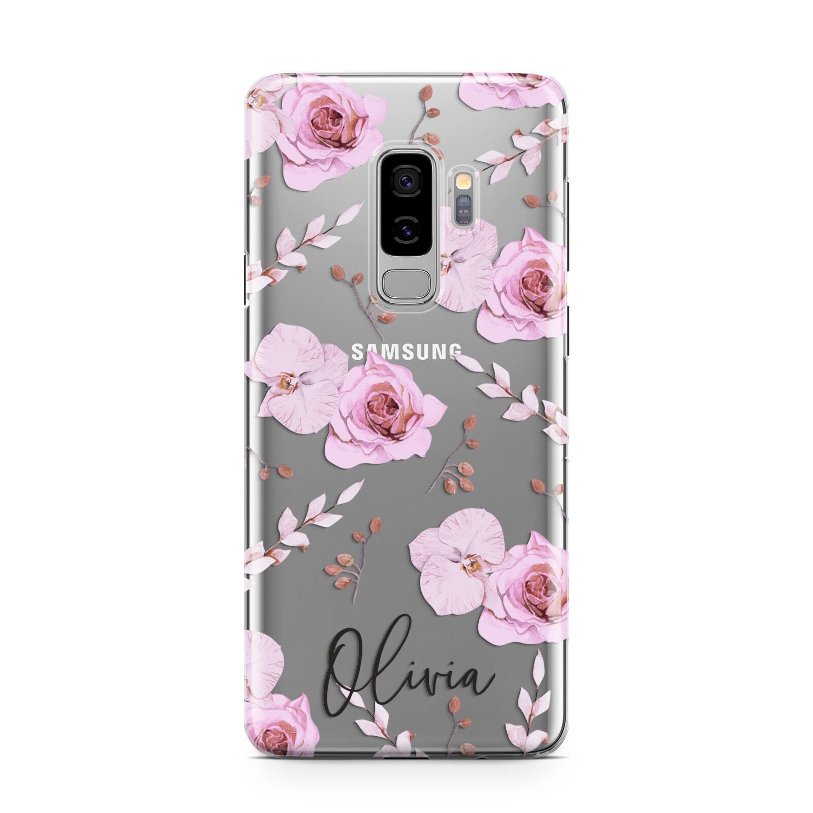 Personalised Dusty Pink Flowers Samsung Galaxy S9 Plus Case on Silver phone