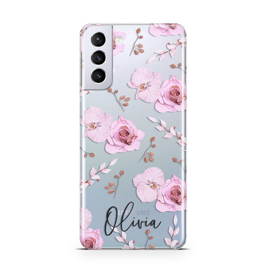 Personalised Dusty Pink Flowers Samsung S21 Plus Phone Case