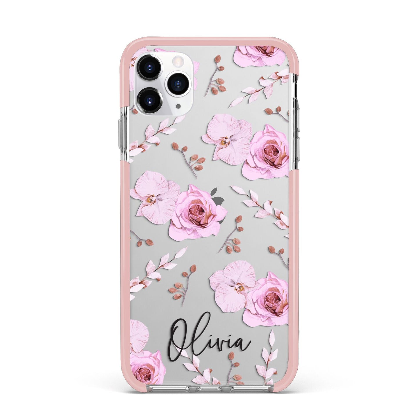 Personalised Dusty Pink Flowers iPhone 11 Pro Max Impact Pink Edge Case