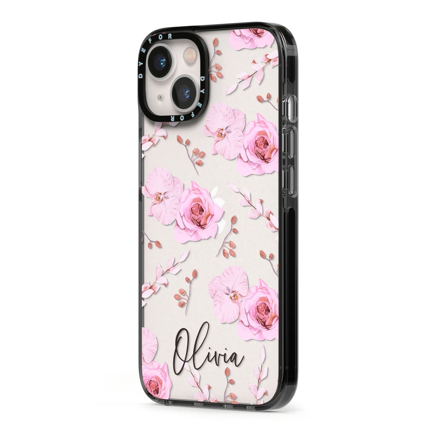 Personalised Dusty Pink Flowers iPhone 13 Black Impact Case Side Angle on Silver phone