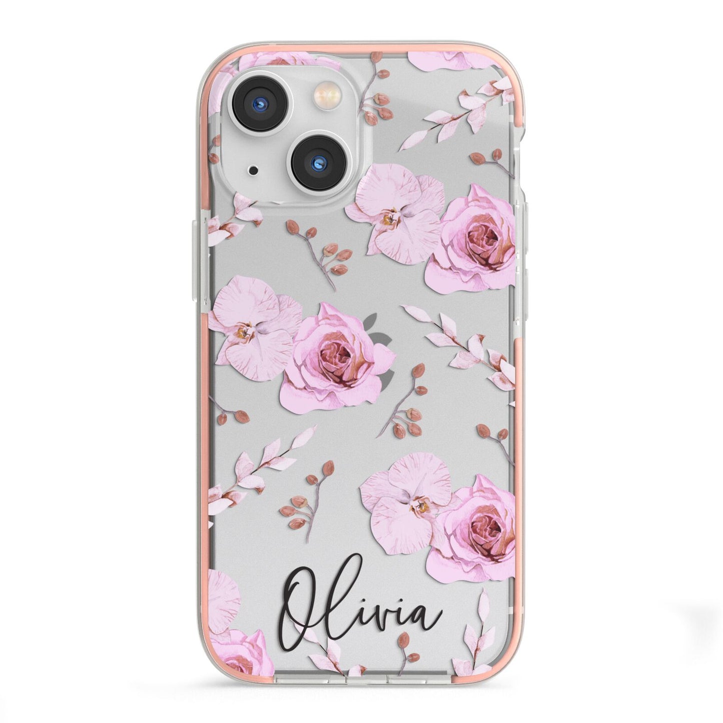 Personalised Dusty Pink Flowers iPhone 13 Mini TPU Impact Case with Pink Edges