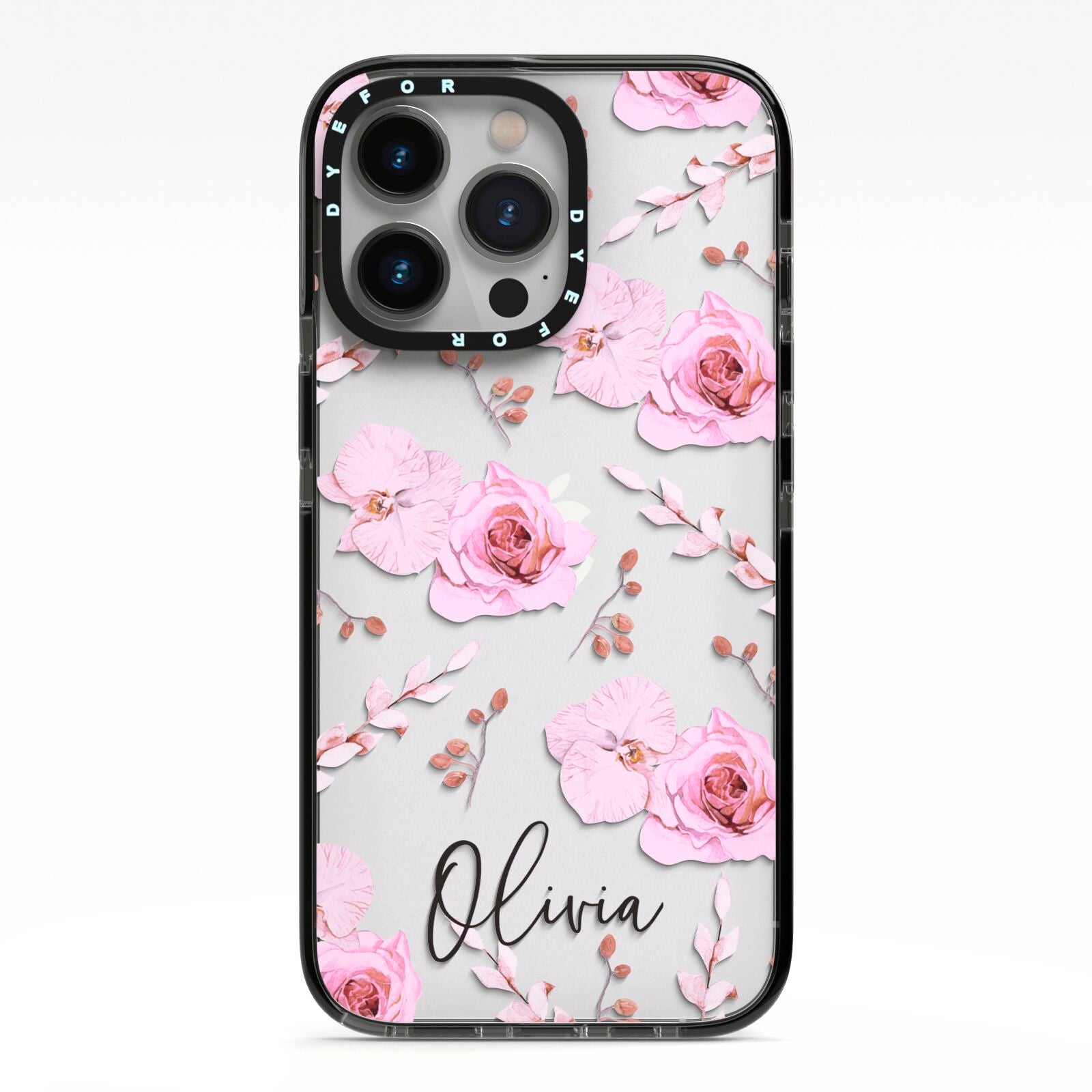 Personalised Dusty Pink Flowers iPhone 13 Pro Black Impact Case on Silver phone