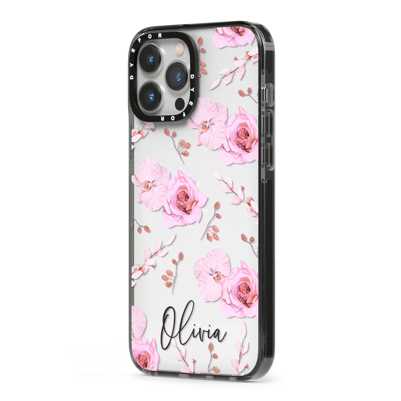 Personalised Dusty Pink Flowers iPhone 13 Pro Max Black Impact Case Side Angle on Silver phone