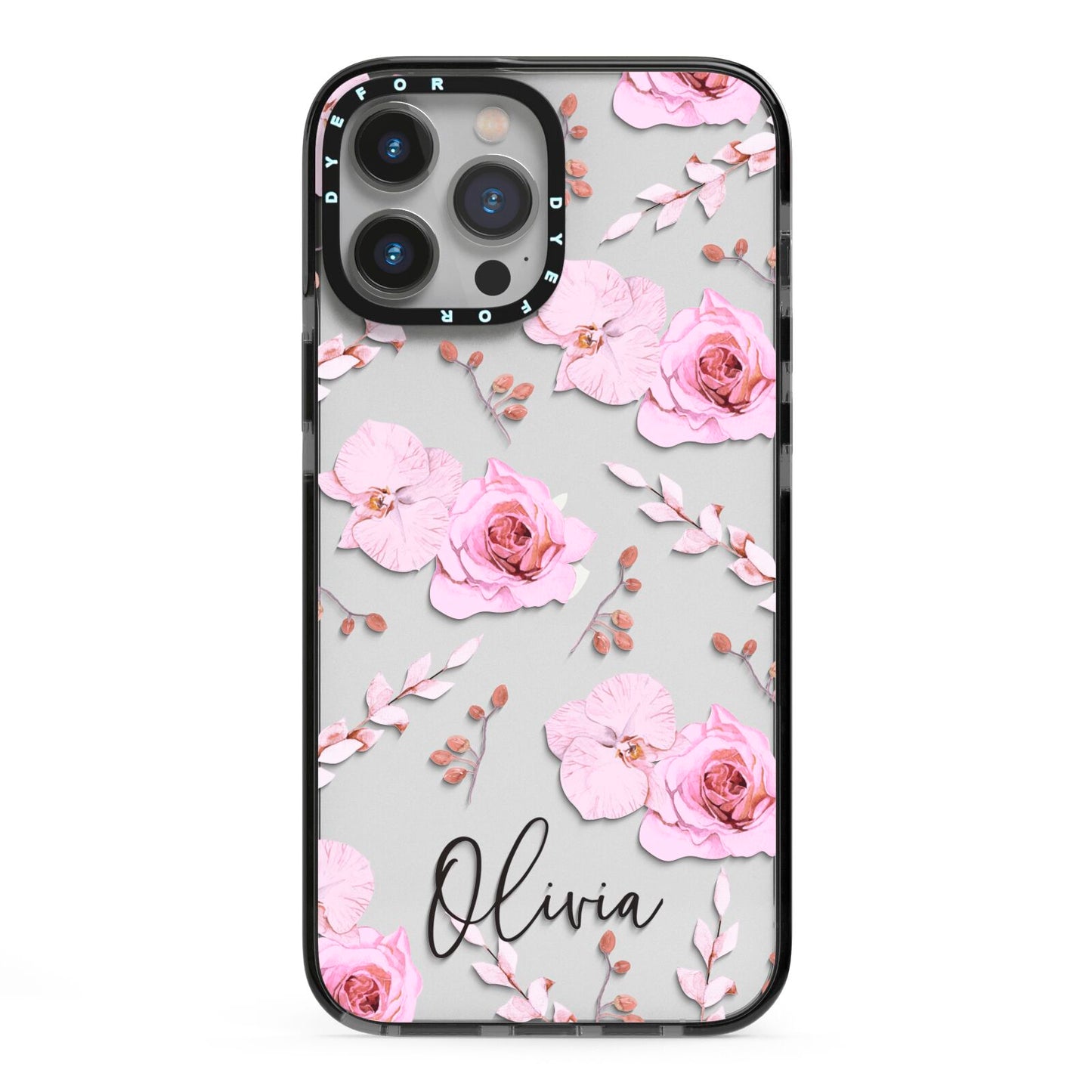Personalised Dusty Pink Flowers iPhone 13 Pro Max Black Impact Case on Silver phone
