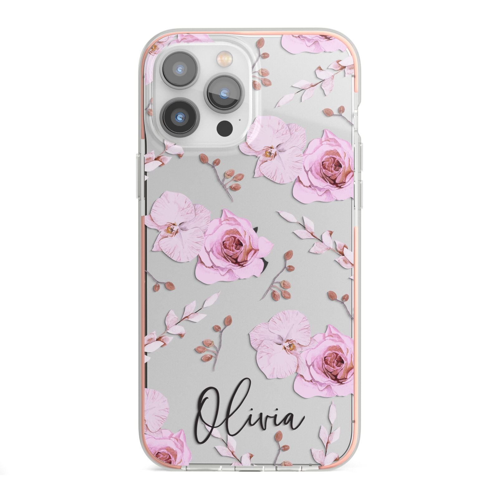 Personalised Dusty Pink Flowers iPhone 13 Pro Max TPU Impact Case with Pink Edges