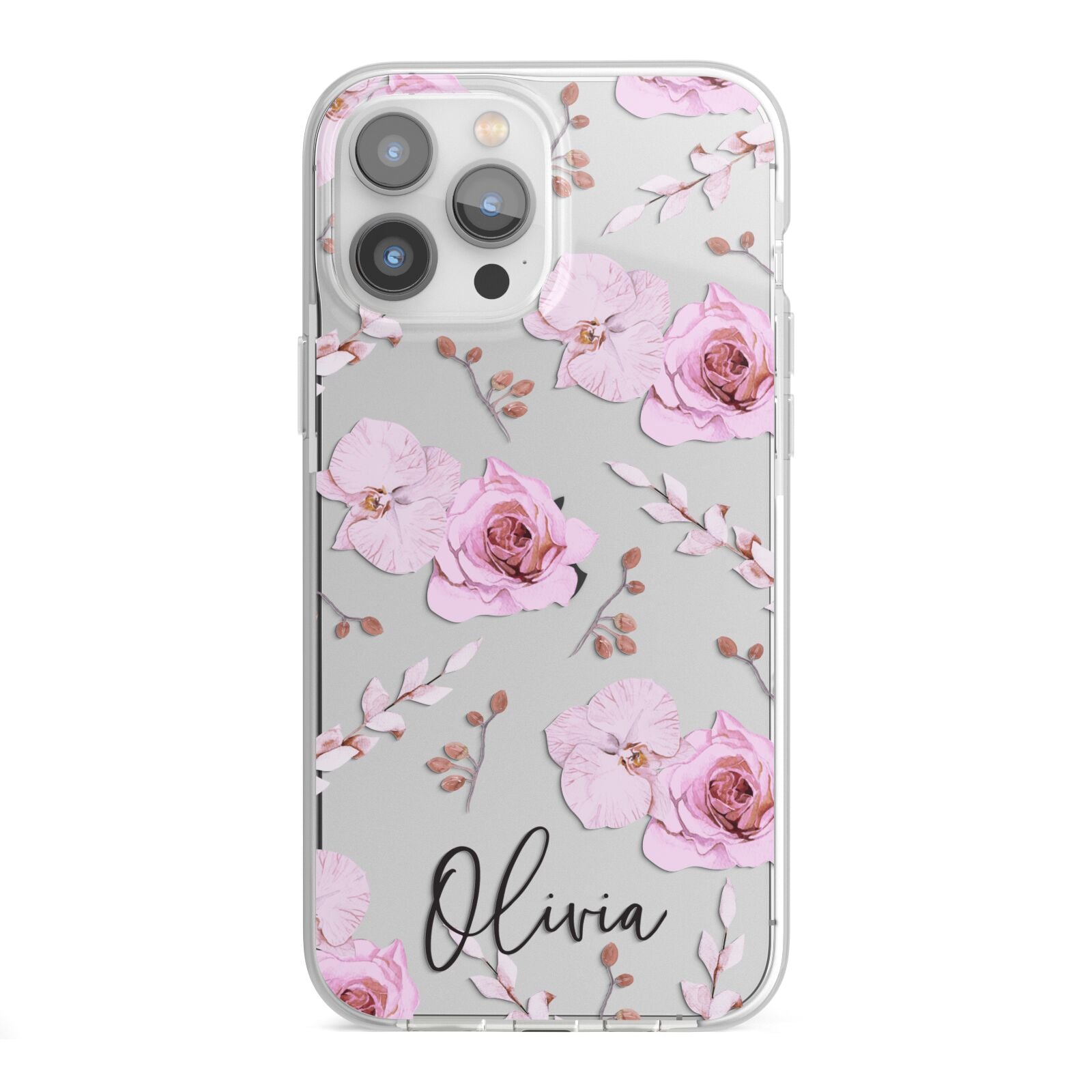 Personalised Dusty Pink Flowers iPhone 13 Pro Max TPU Impact Case with White Edges
