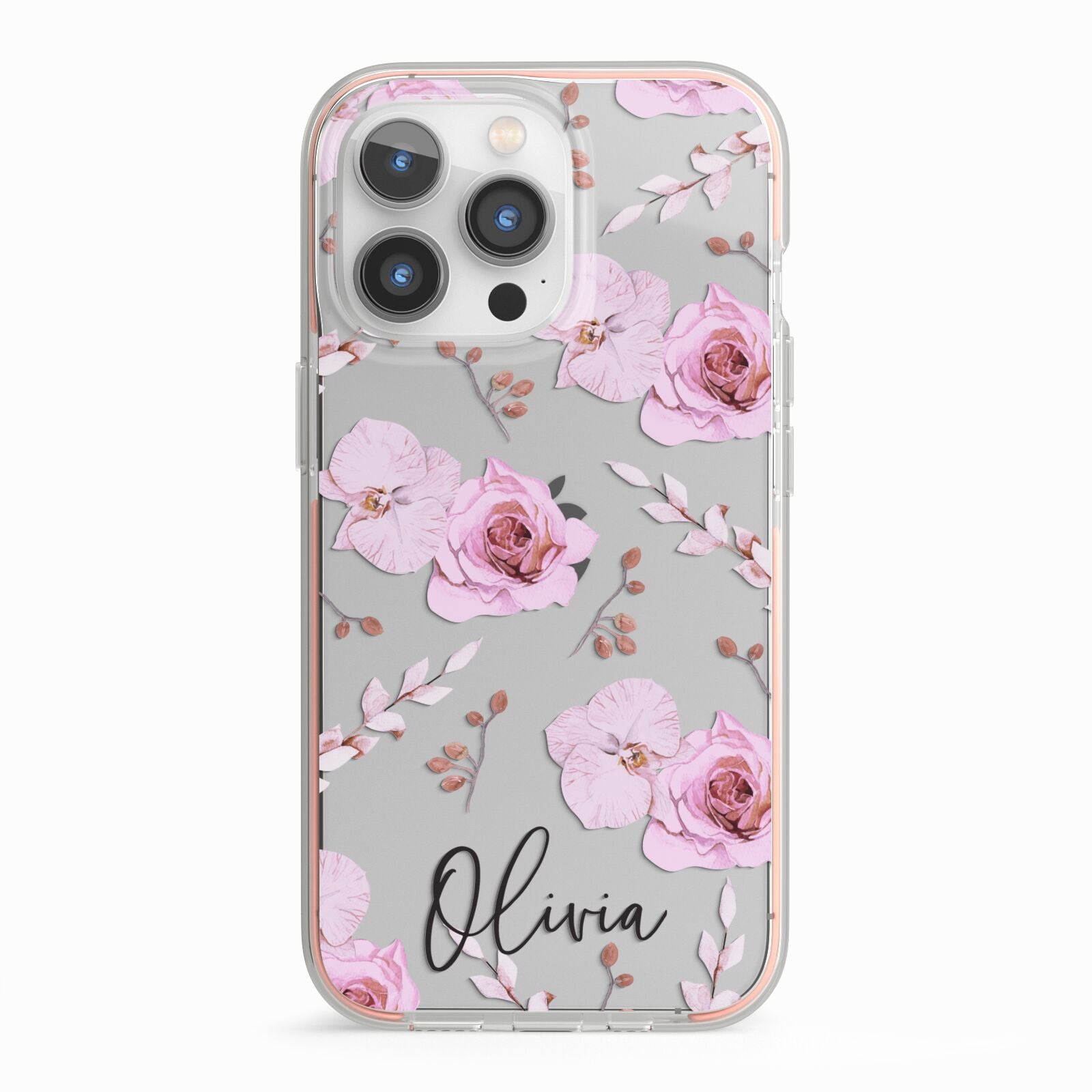 Personalised Dusty Pink Flowers iPhone 13 Pro TPU Impact Case with Pink Edges