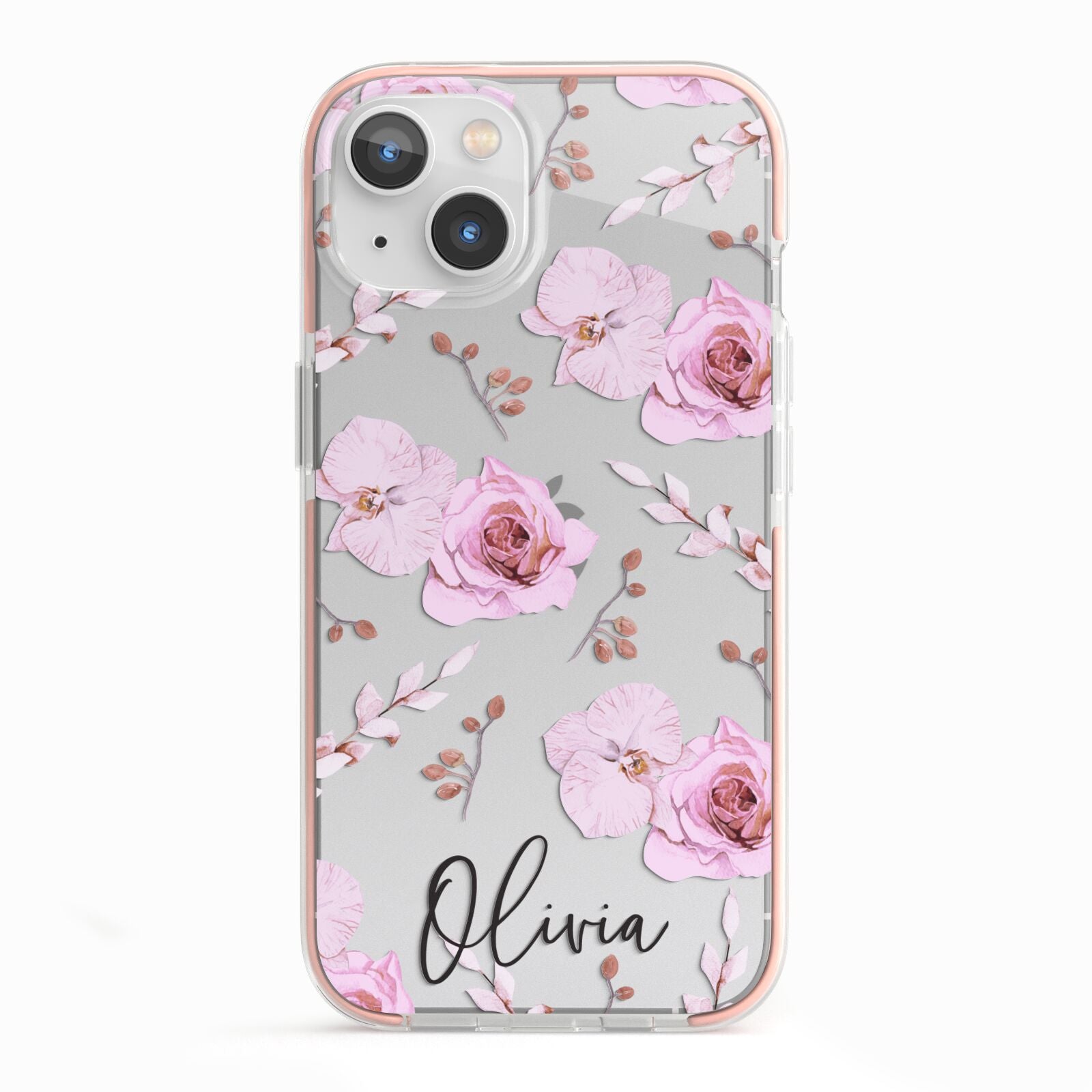 Personalised Dusty Pink Flowers iPhone 13 TPU Impact Case with Pink Edges