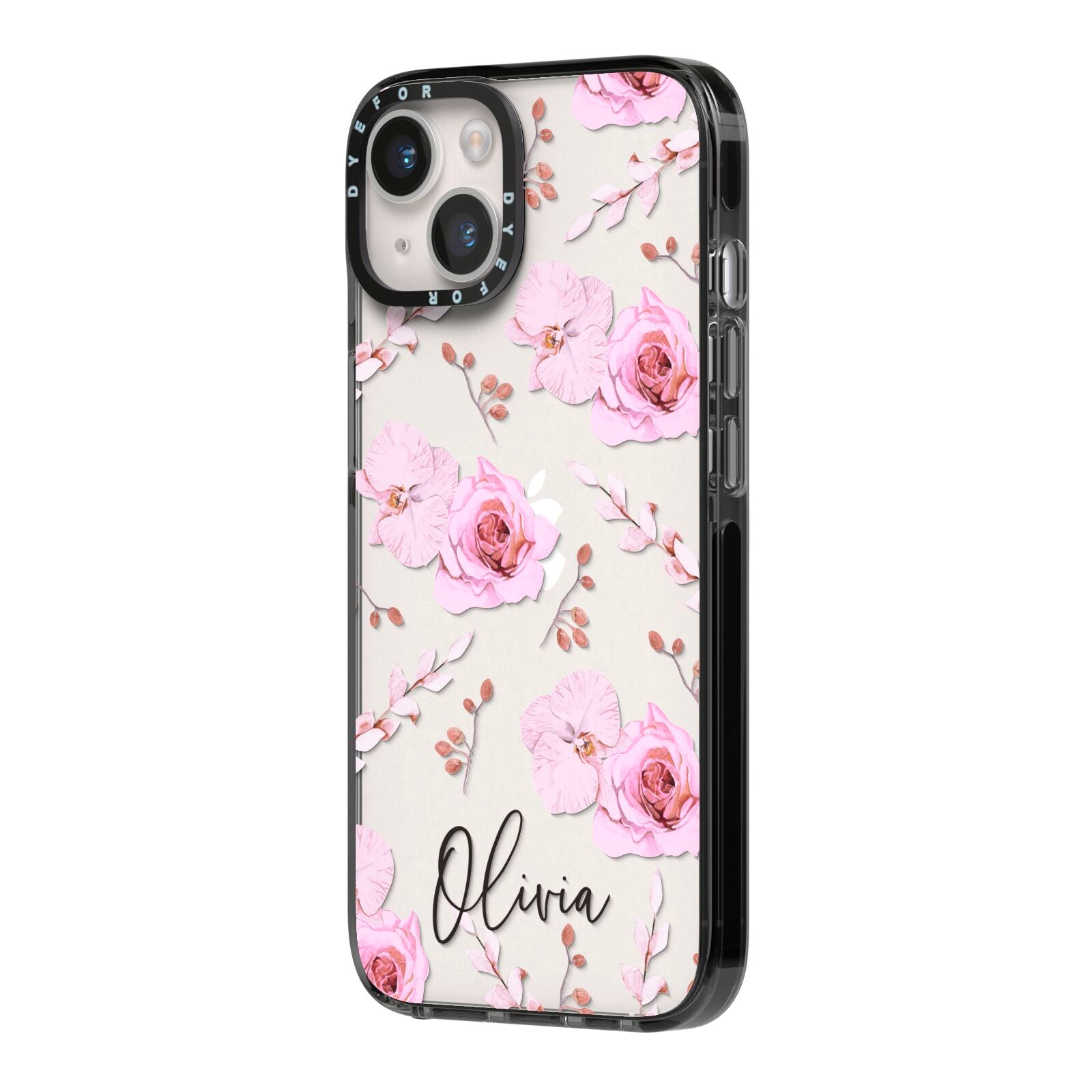 Personalised Dusty Pink Flowers iPhone 14 Black Impact Case Side Angle on Silver phone