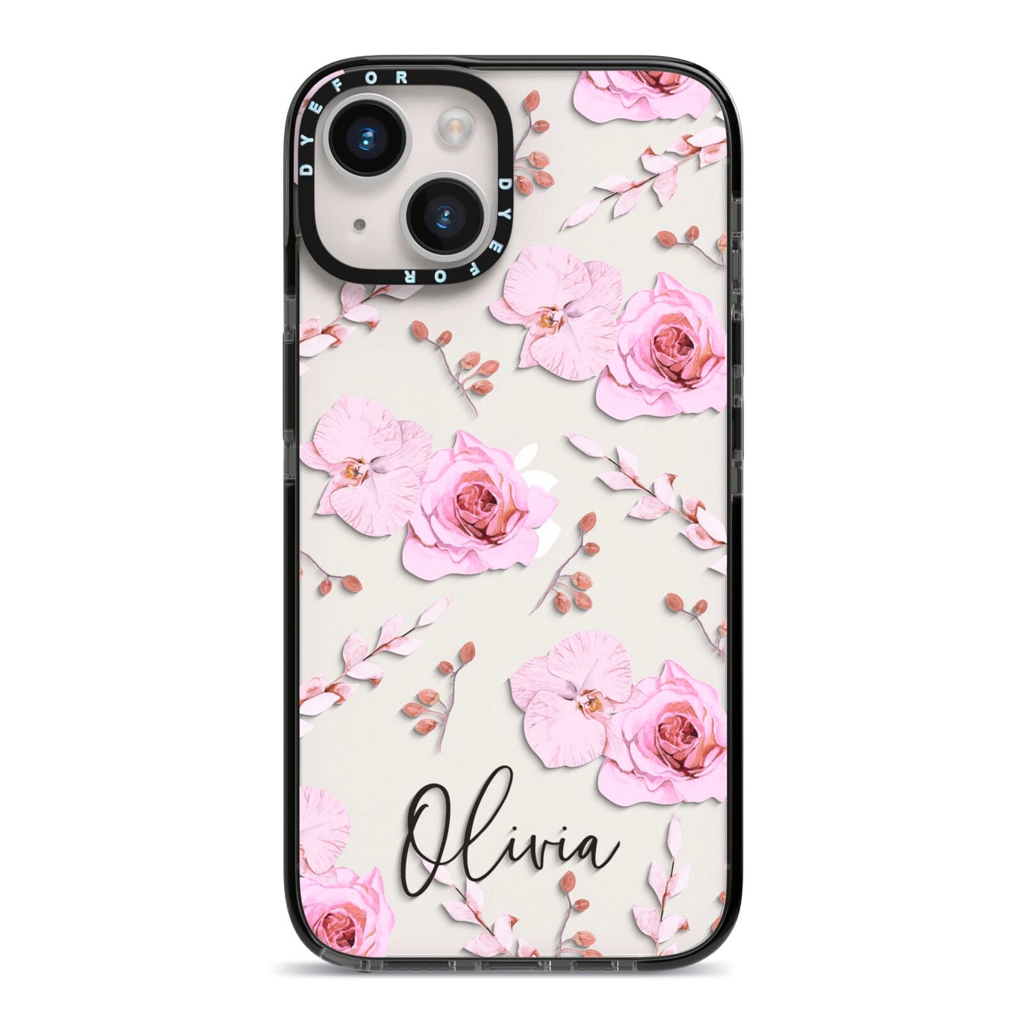 Personalised Dusty Pink Flowers iPhone 14 Black Impact Case on Silver phone