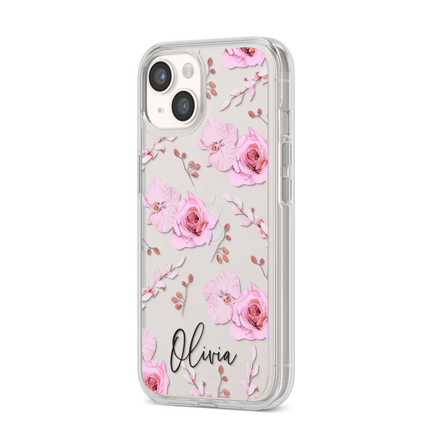 Personalised Dusty Pink Flowers iPhone 14 Clear Tough Case Starlight Angled Image