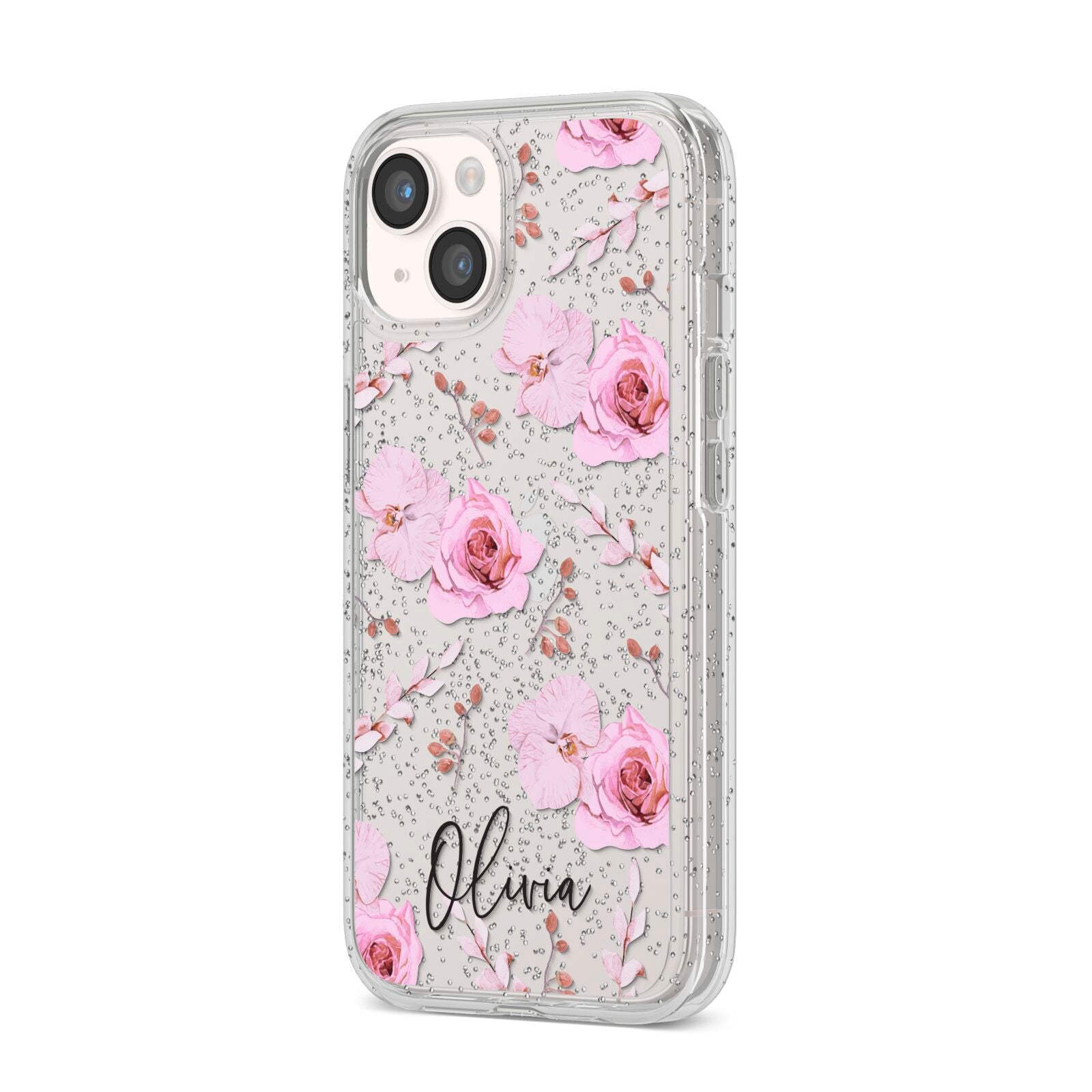 Personalised Dusty Pink Flowers iPhone 14 Glitter Tough Case Starlight Angled Image