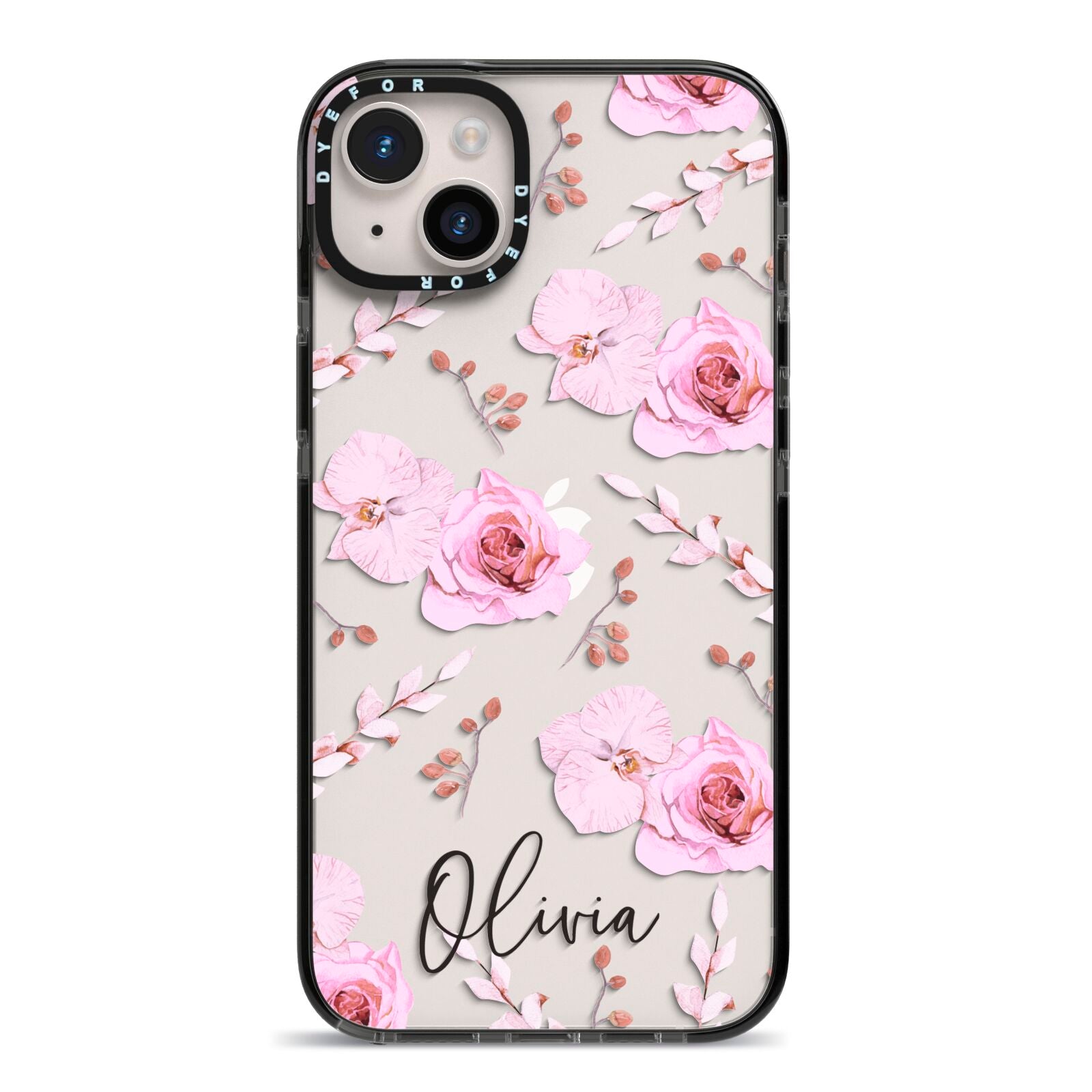 Personalised Dusty Pink Flowers iPhone 14 Plus Black Impact Case on Silver phone