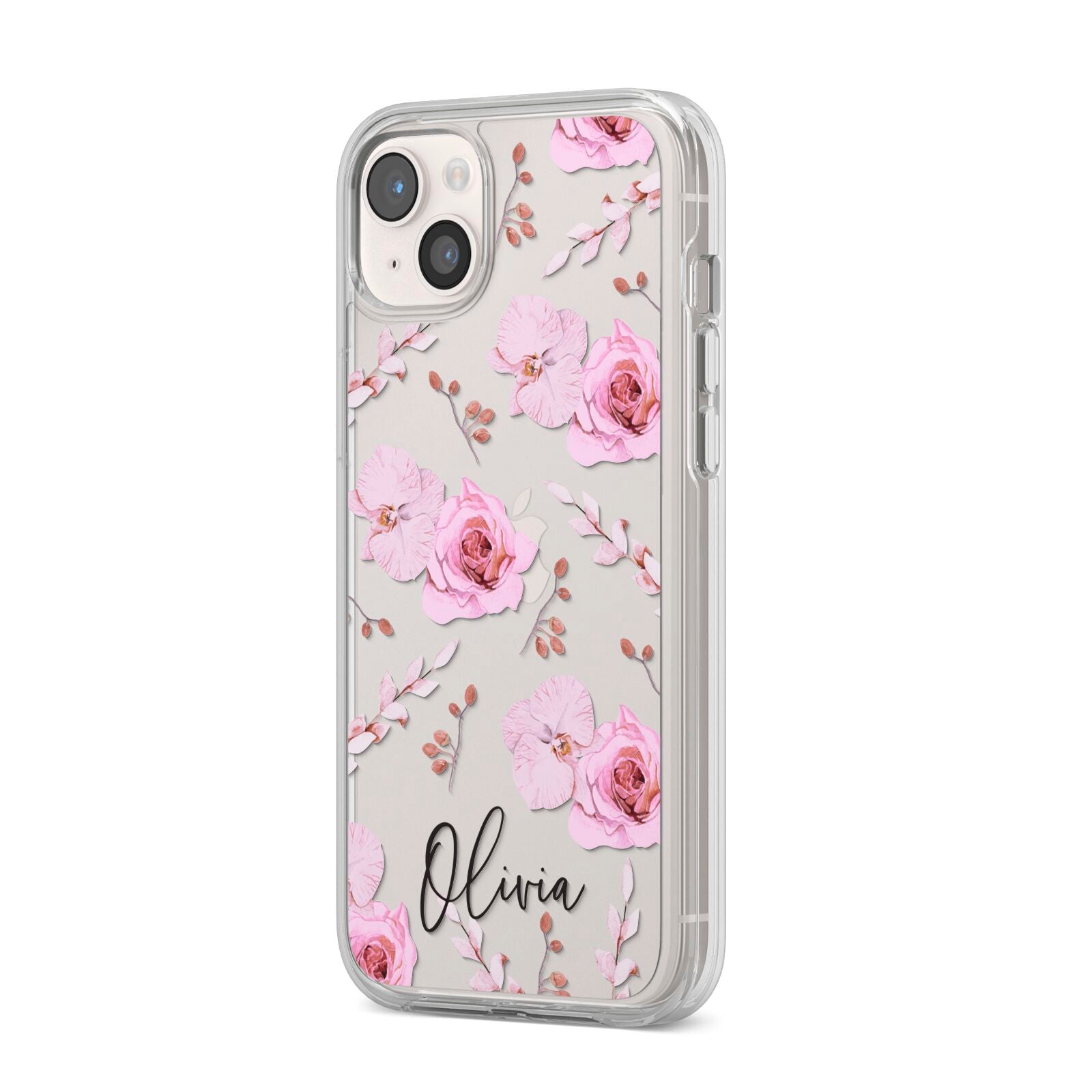 Personalised Dusty Pink Flowers iPhone 14 Plus Clear Tough Case Starlight Angled Image