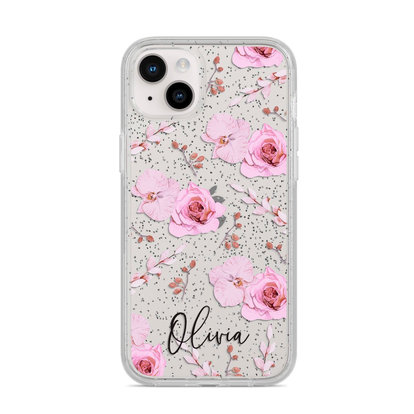 Personalised Dusty Pink Flowers iPhone 14 Plus Glitter Tough Case Starlight