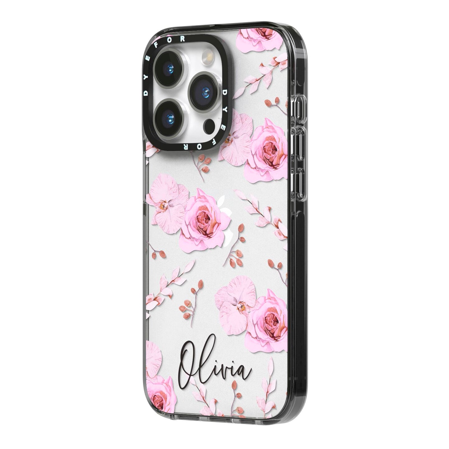 Personalised Dusty Pink Flowers iPhone 14 Pro Black Impact Case Side Angle on Silver phone