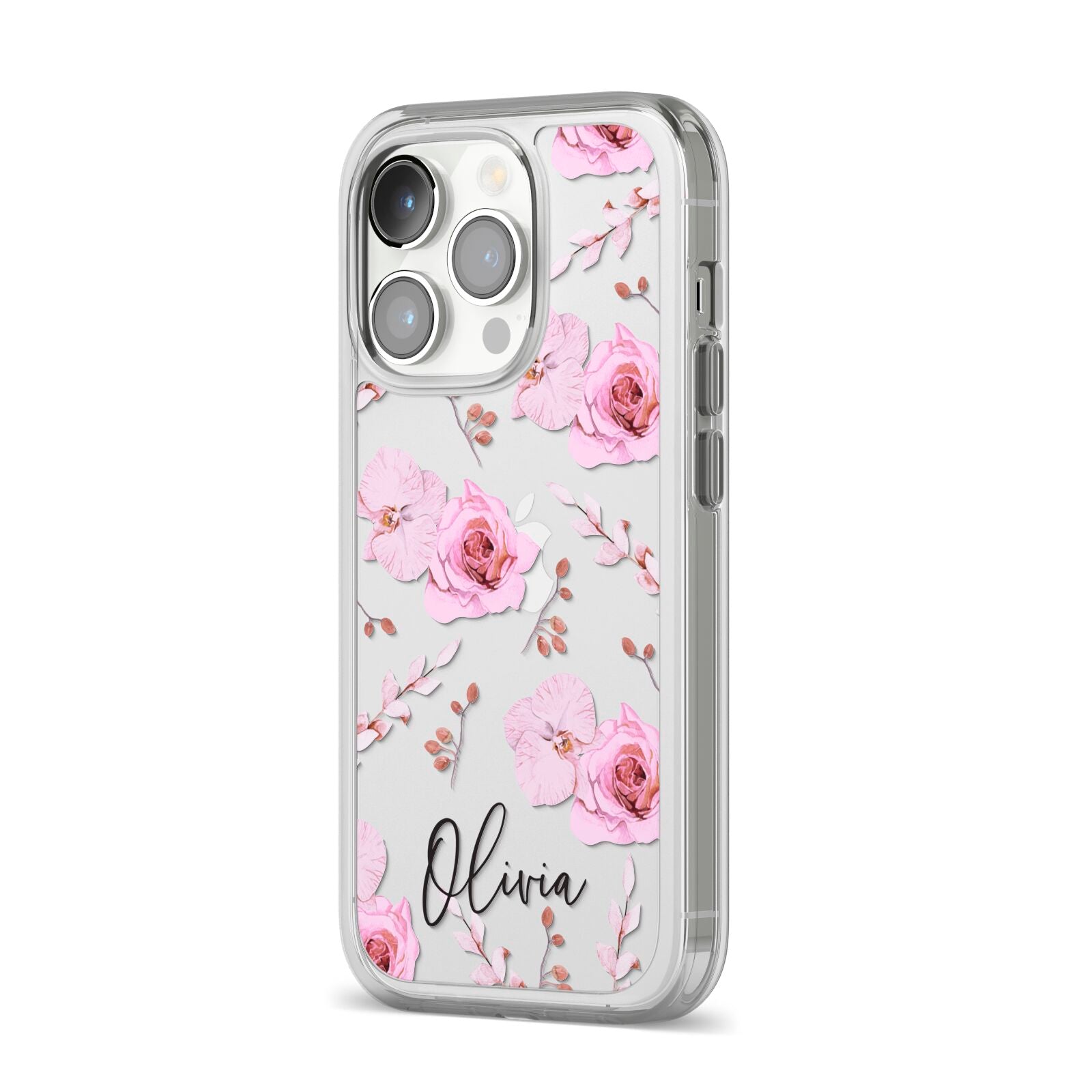 Personalised Dusty Pink Flowers iPhone 14 Pro Clear Tough Case Silver Angled Image