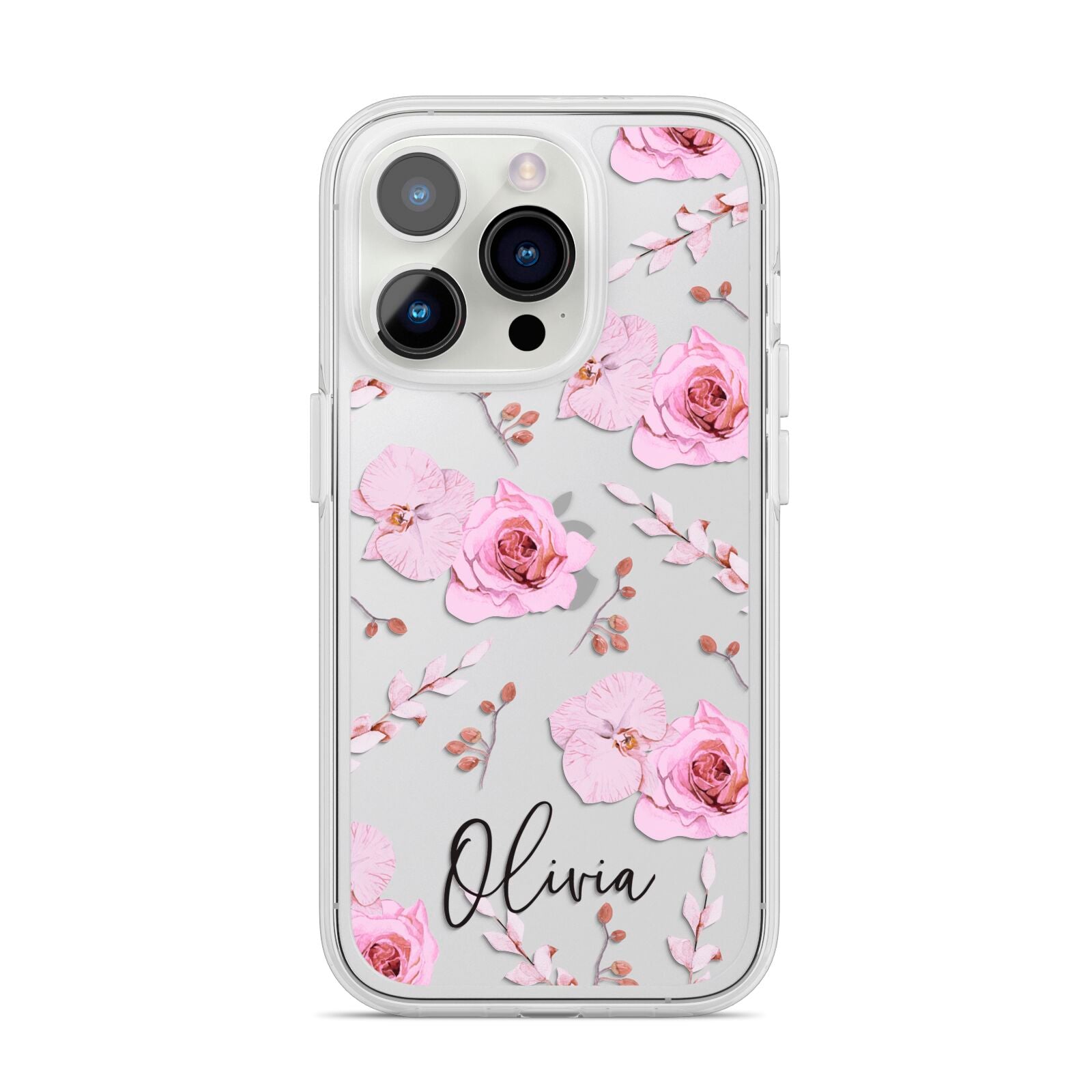Personalised Dusty Pink Flowers iPhone 14 Pro Clear Tough Case Silver