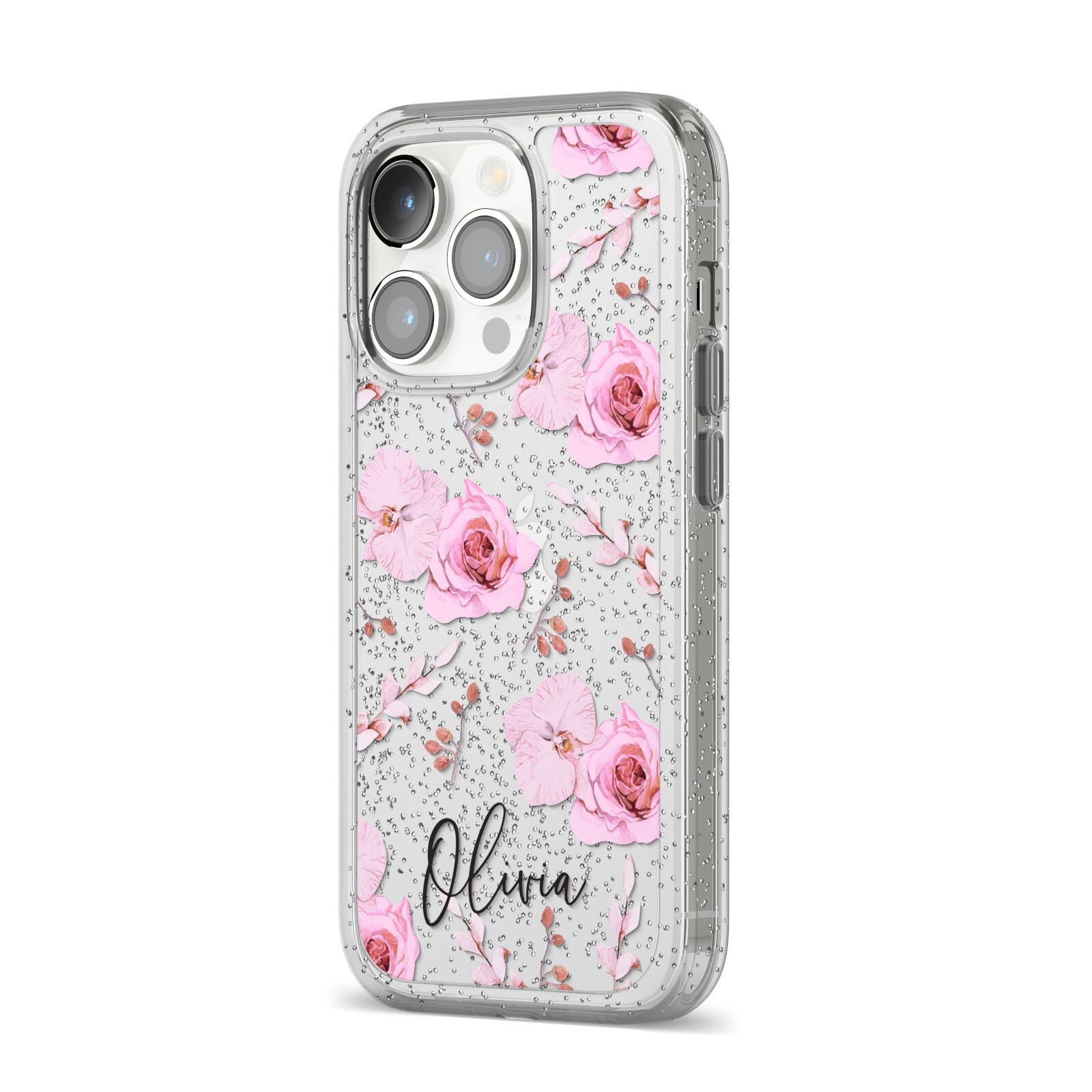 Personalised Dusty Pink Flowers iPhone 14 Pro Glitter Tough Case Silver Angled Image