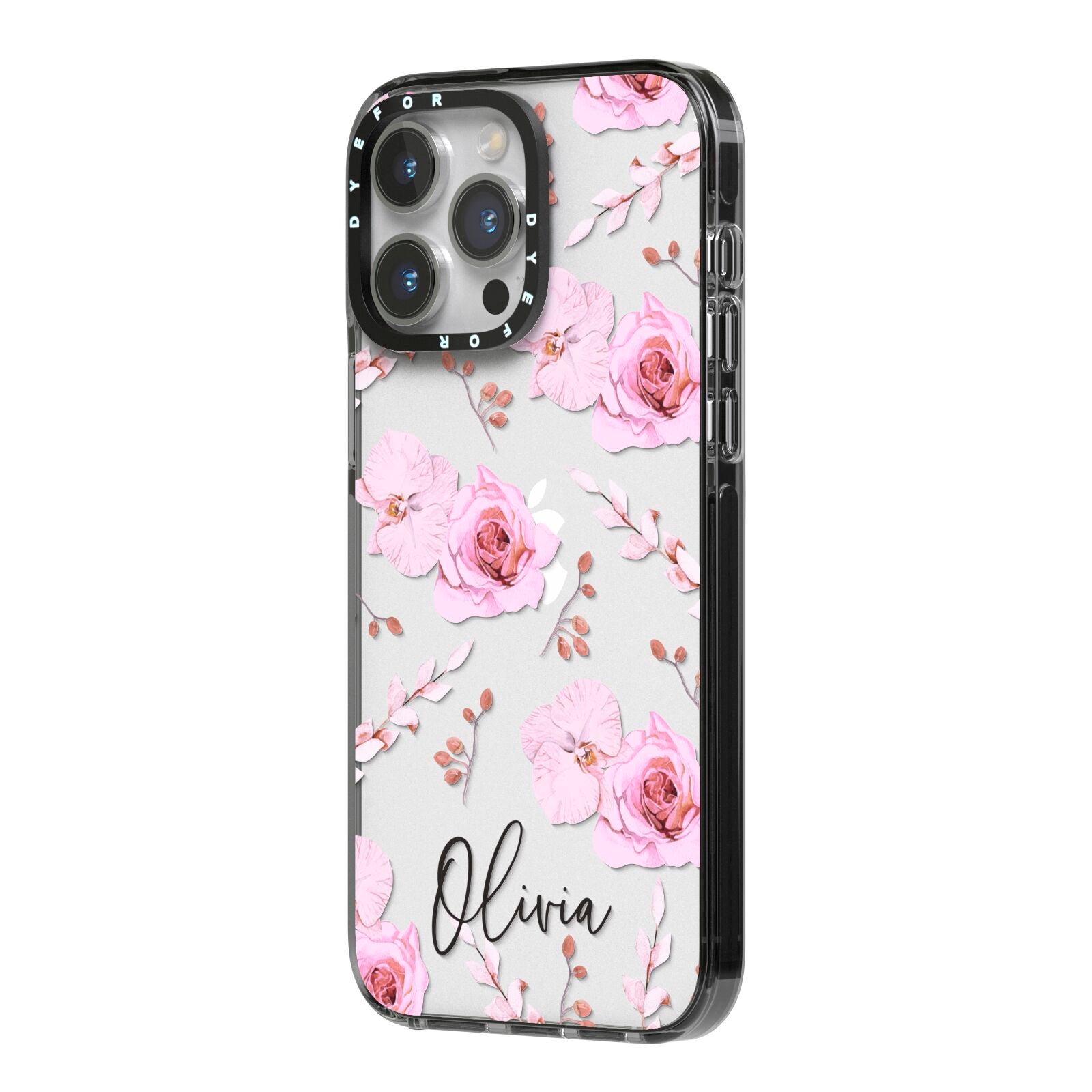 Personalised Dusty Pink Flowers iPhone 14 Pro Max Black Impact Case Side Angle on Silver phone