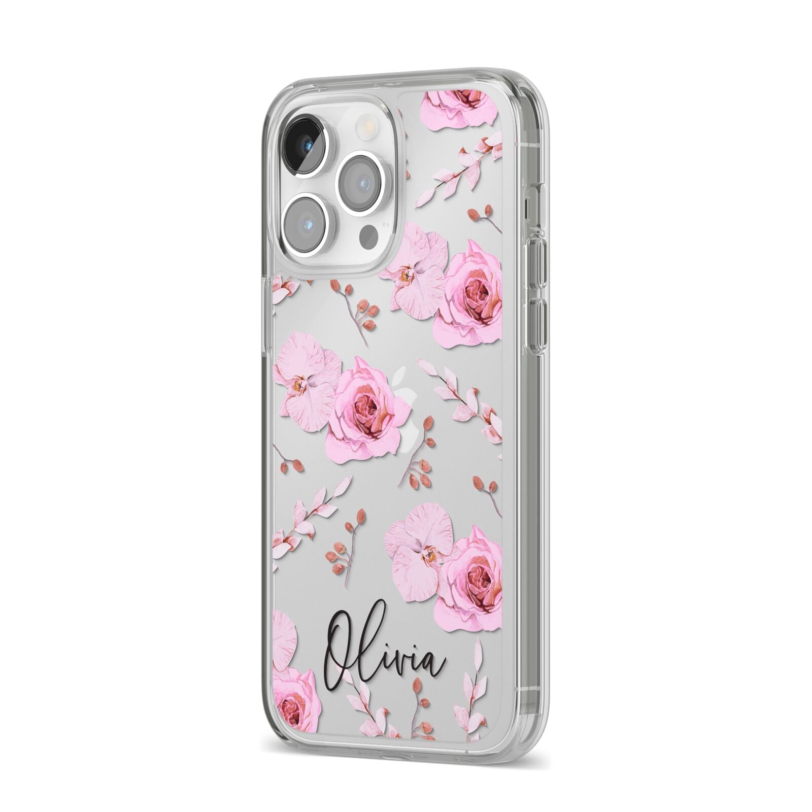 Personalised Dusty Pink Flowers iPhone 14 Pro Max Clear Tough Case Silver Angled Image