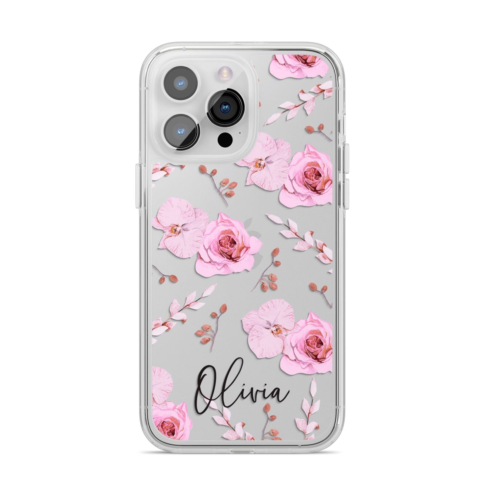 Personalised Dusty Pink Flowers iPhone 14 Pro Max Clear Tough Case Silver