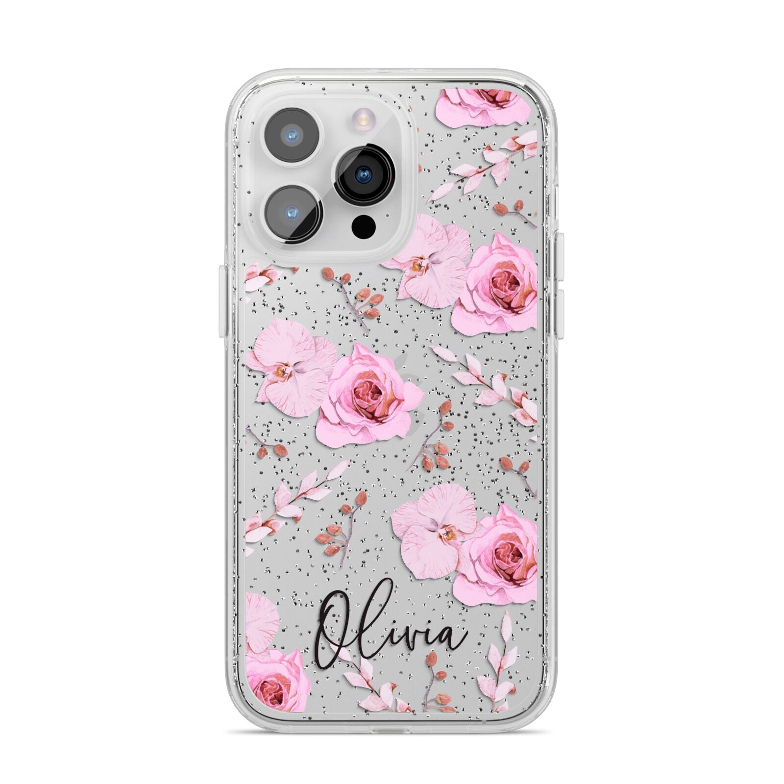 Personalised Dusty Pink Flowers iPhone 14 Pro Max Glitter Tough Case Silver