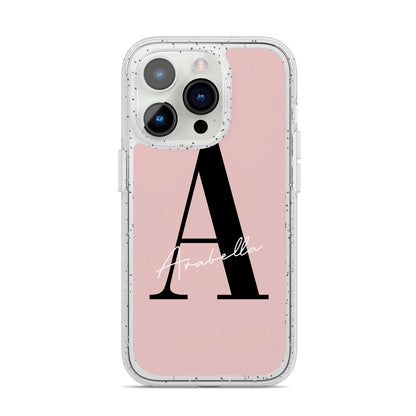 Personalised Dusty Pink Initial iPhone 14 Pro Glitter Tough Case Silver