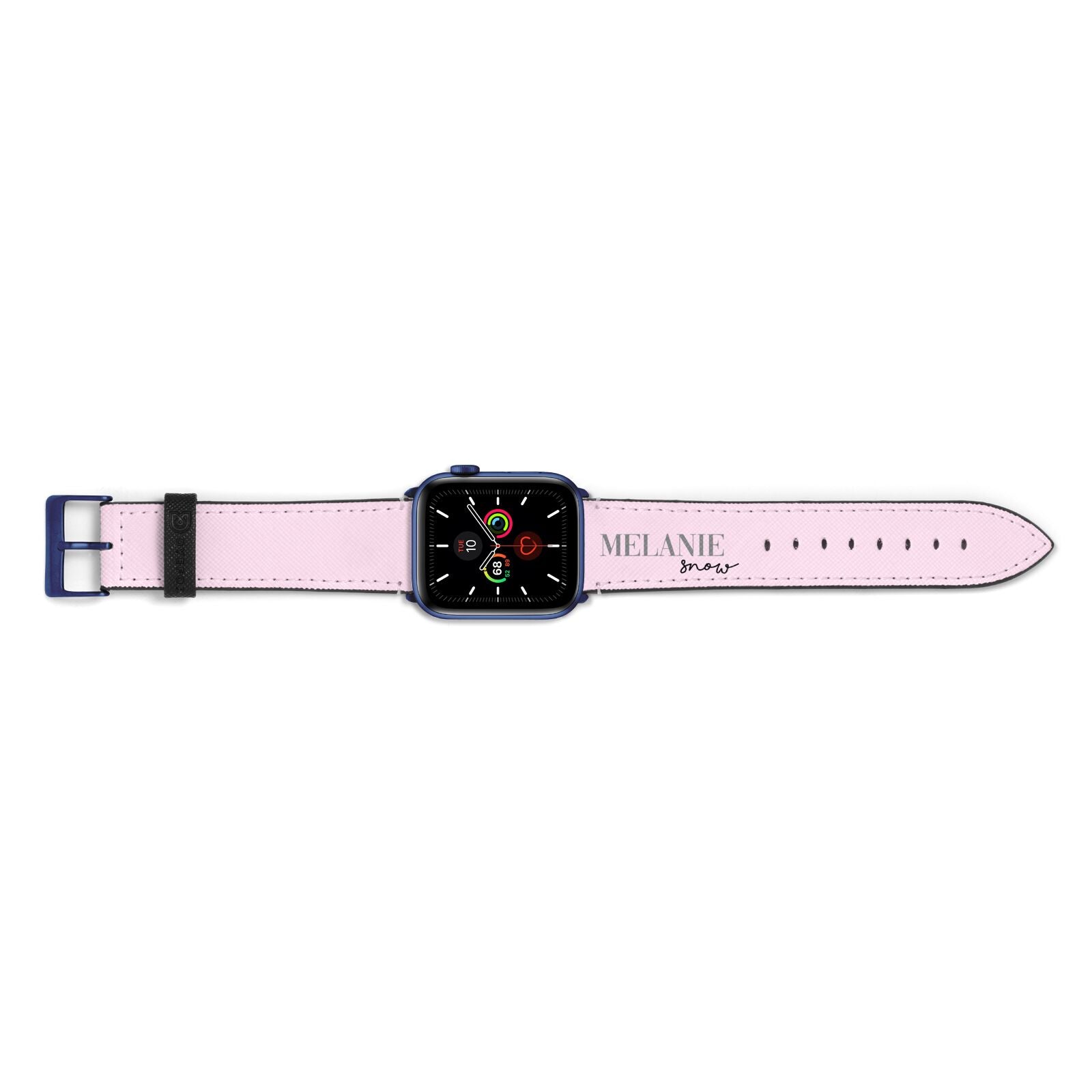 Personalised Dusty Pink Name Apple Watch Strap Landscape Image Blue Hardware