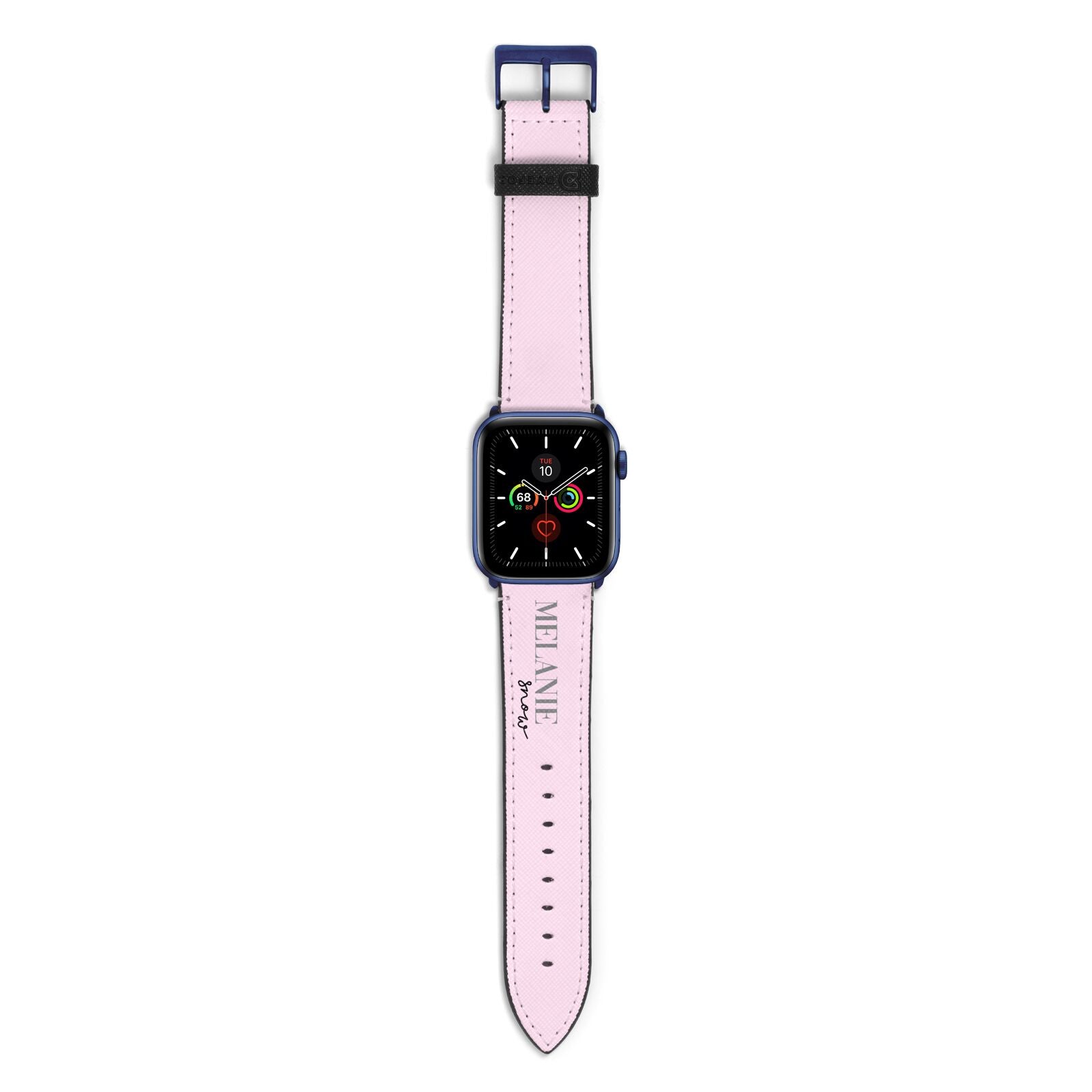 Personalised Dusty Pink Name Apple Watch Strap with Blue Hardware