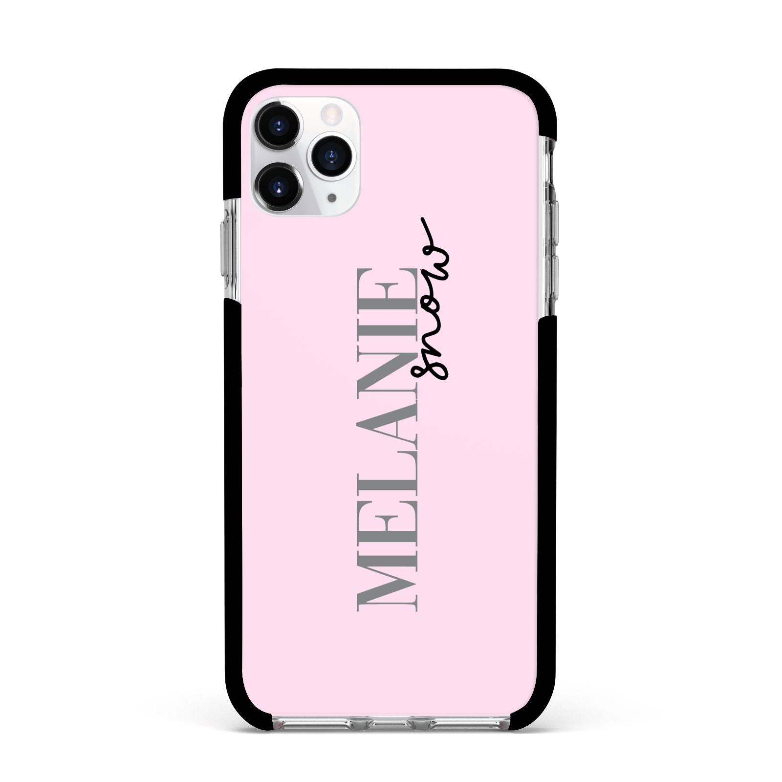 Personalised Dusty Pink Name Apple iPhone 11 Pro Max in Silver with Black Impact Case