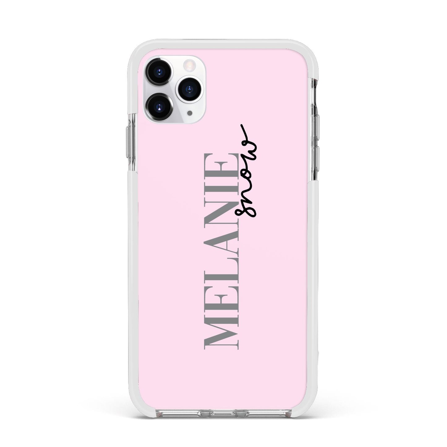 Personalised Dusty Pink Name Apple iPhone 11 Pro Max in Silver with White Impact Case