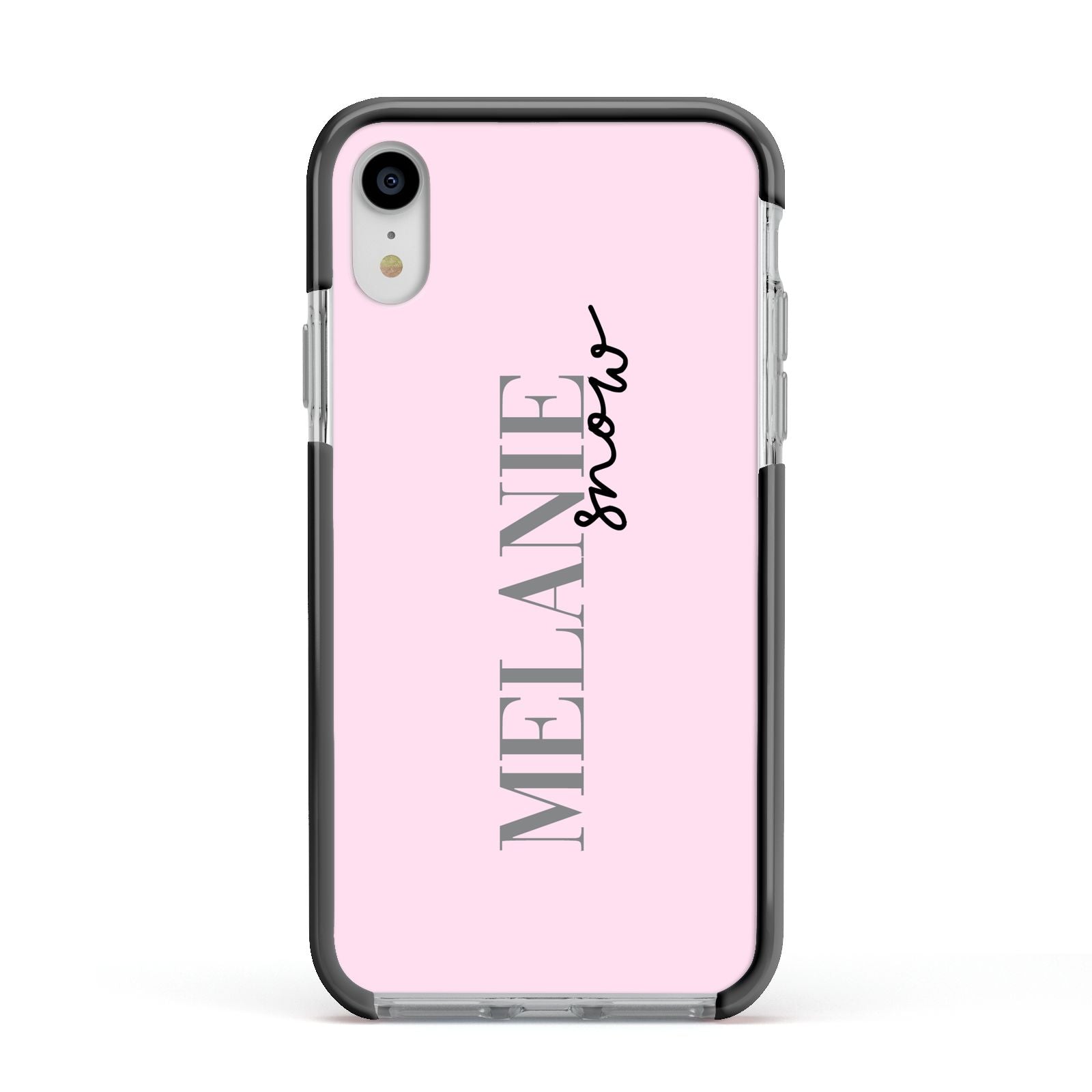 Personalised Dusty Pink Name Apple iPhone XR Impact Case Black Edge on Silver Phone