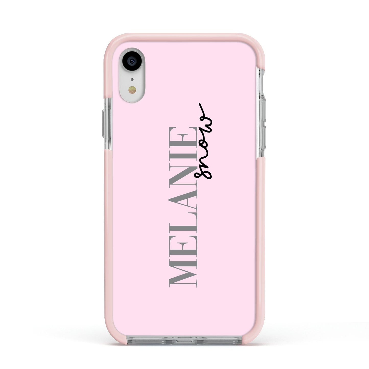 Personalised Dusty Pink Name Apple iPhone XR Impact Case Pink Edge on Silver Phone