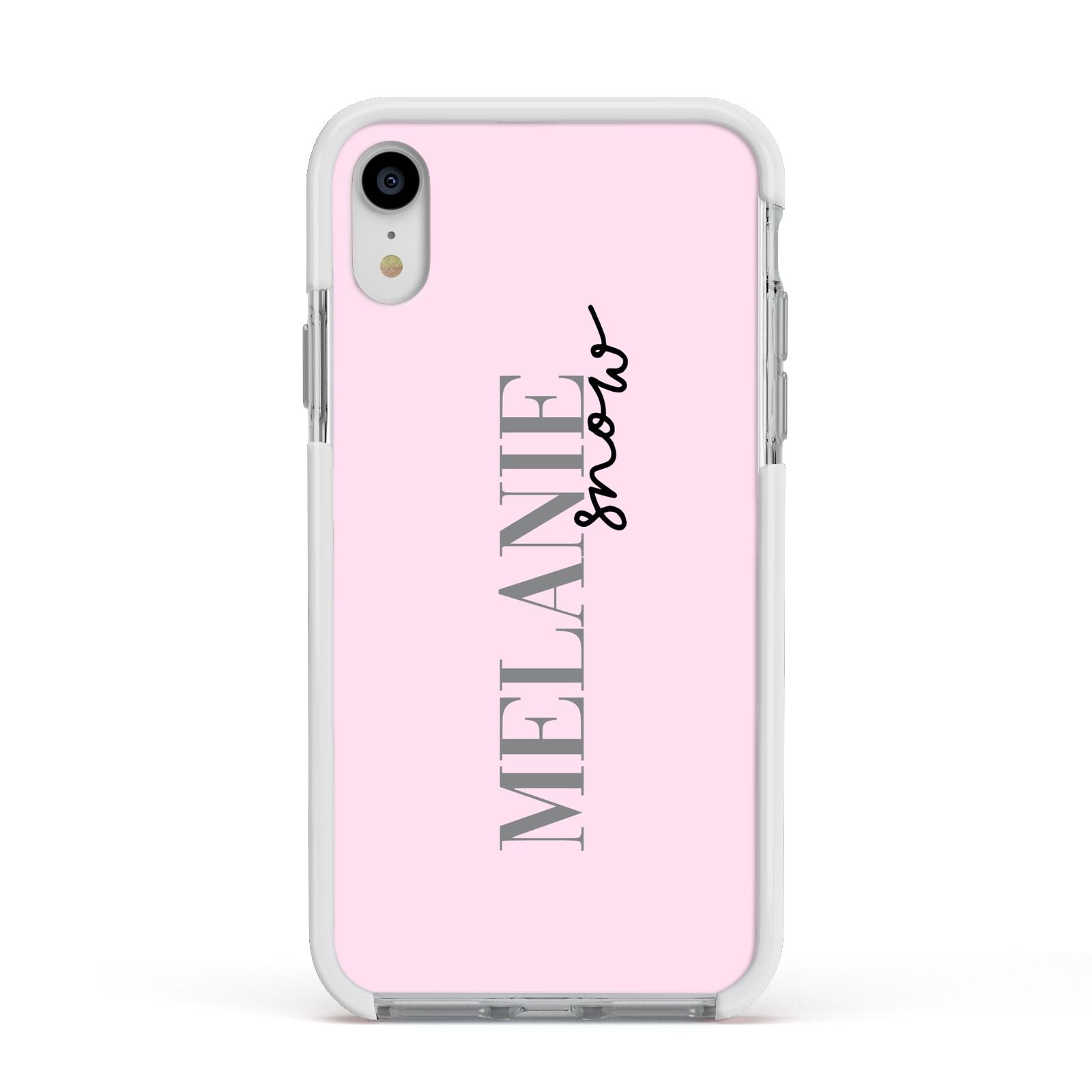 Personalised Dusty Pink Name Apple iPhone XR Impact Case White Edge on Silver Phone