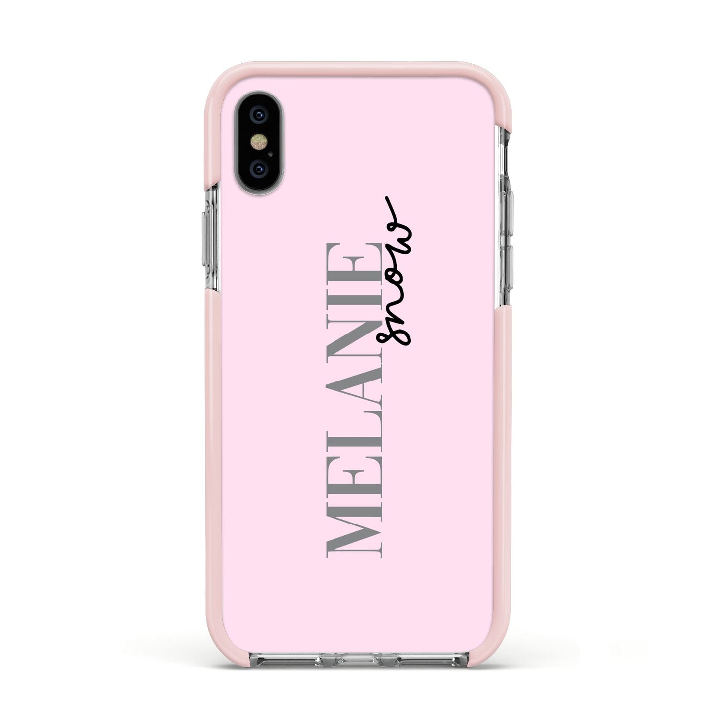 Personalised Dusty Pink Name Apple iPhone Xs Impact Case Pink Edge on Silver Phone