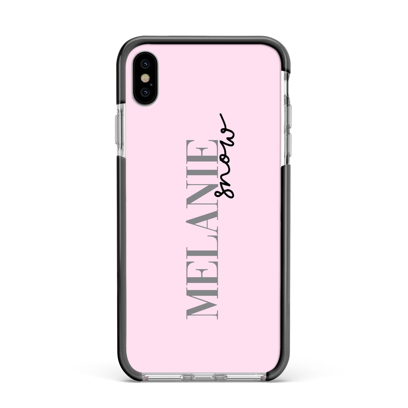 Personalised Dusty Pink Name Apple iPhone Xs Max Impact Case Black Edge on Silver Phone