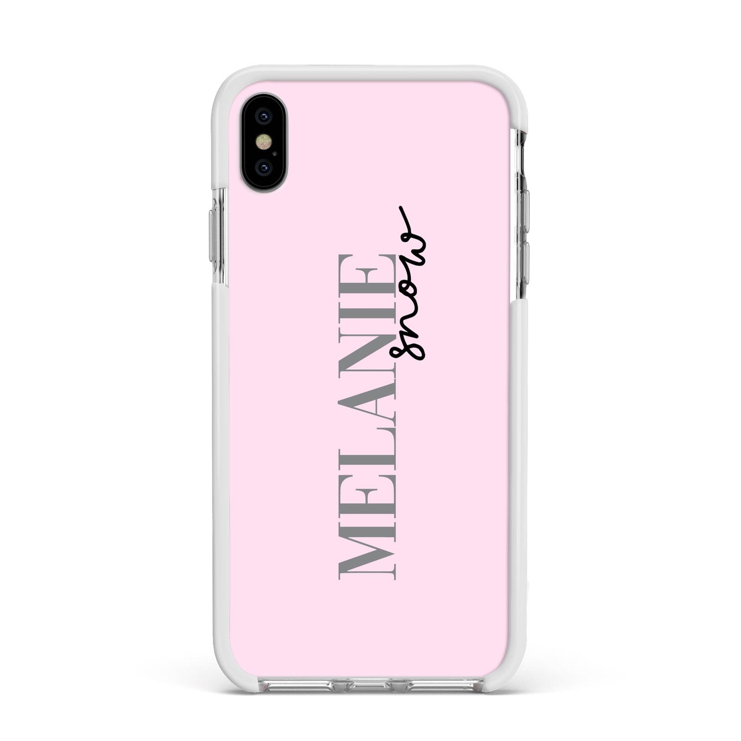 Personalised Dusty Pink Name Apple iPhone Xs Max Impact Case White Edge on Silver Phone