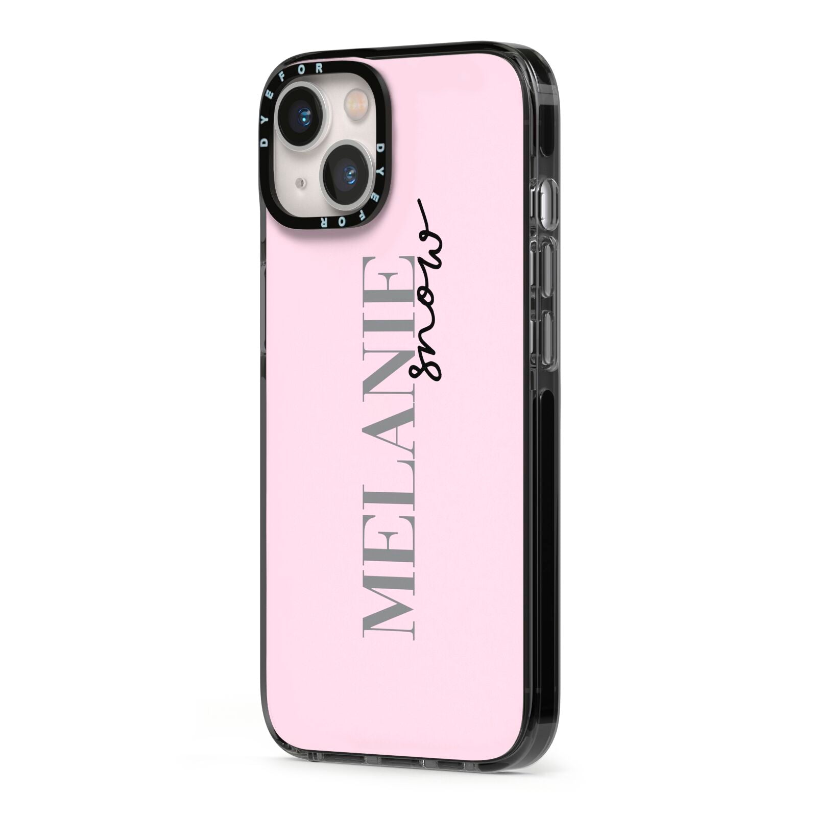 Personalised Dusty Pink Name iPhone 13 Black Impact Case Side Angle on Silver phone