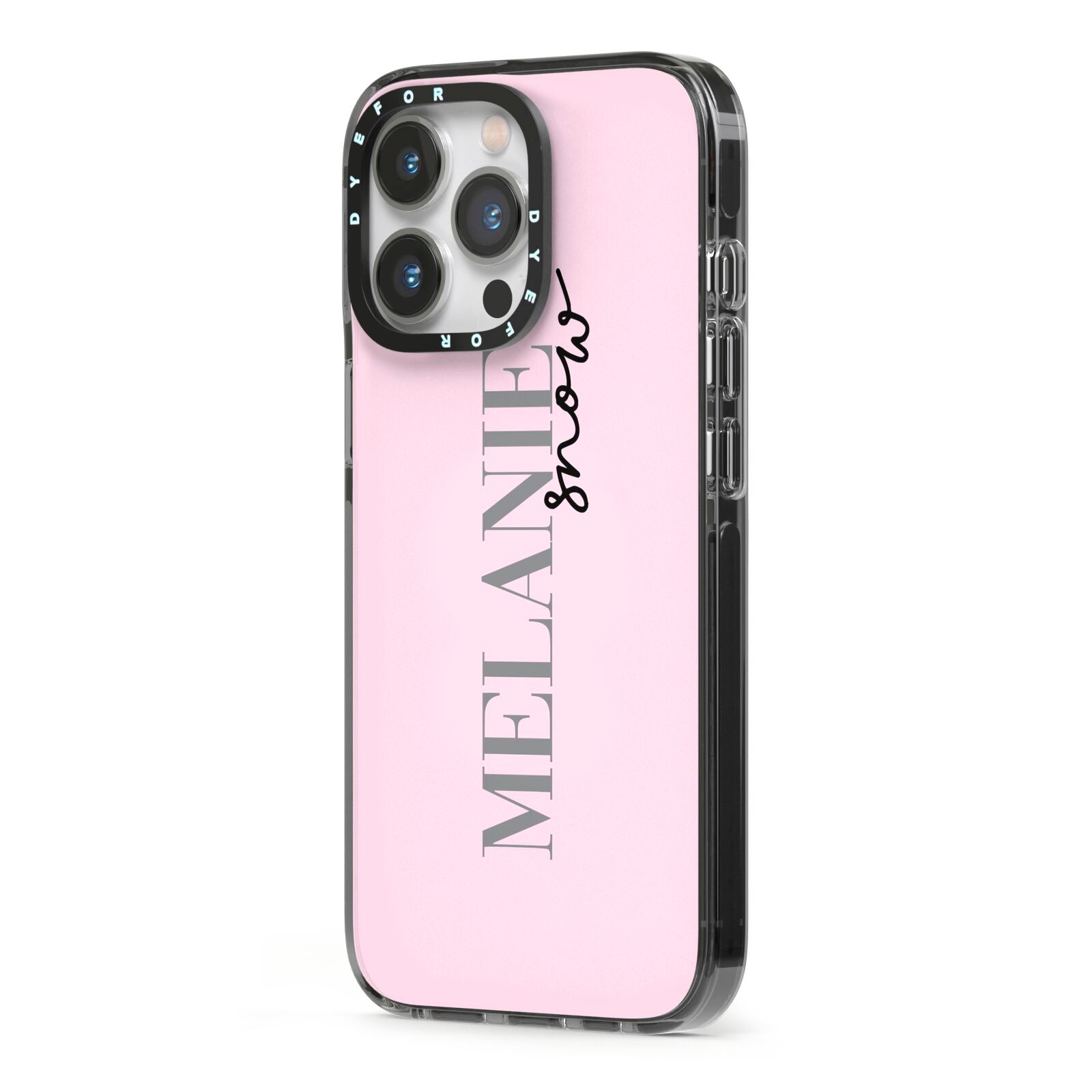 Personalised Dusty Pink Name iPhone 13 Pro Black Impact Case Side Angle on Silver phone