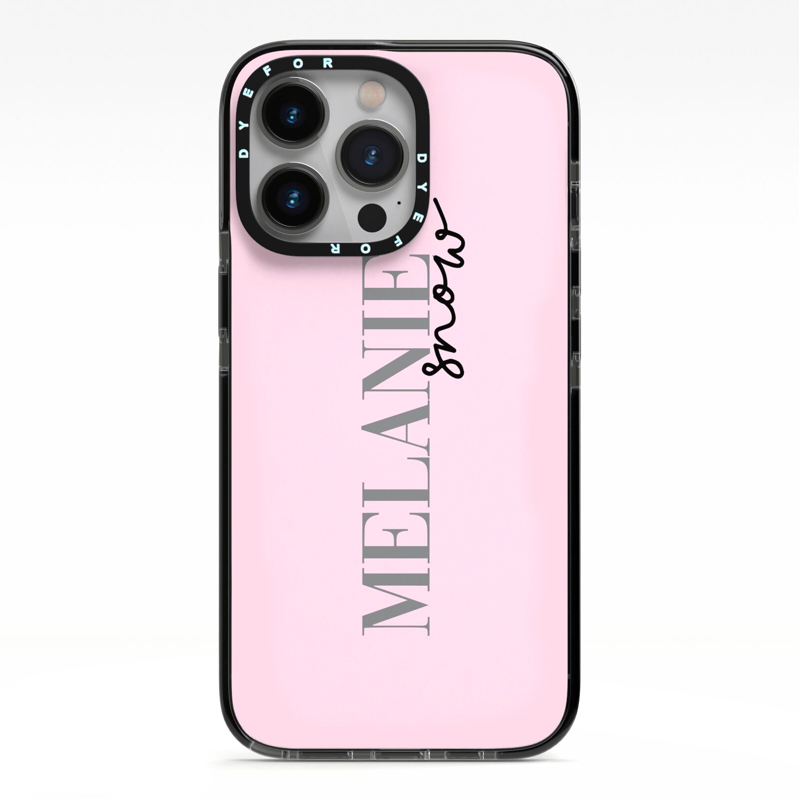 Personalised Dusty Pink Name iPhone 13 Pro Black Impact Case on Silver phone