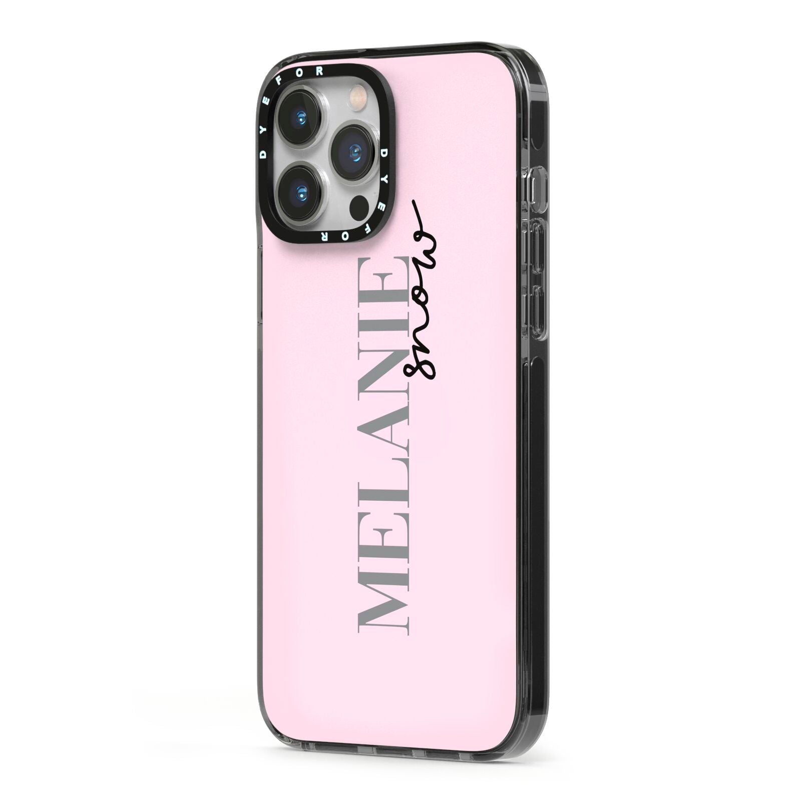 Personalised Dusty Pink Name iPhone 13 Pro Max Black Impact Case Side Angle on Silver phone