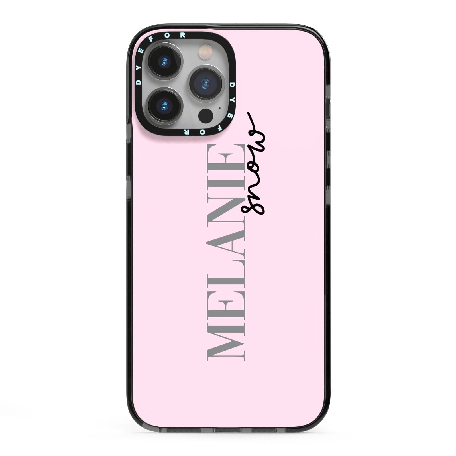 Personalised Dusty Pink Name iPhone 13 Pro Max Black Impact Case on Silver phone