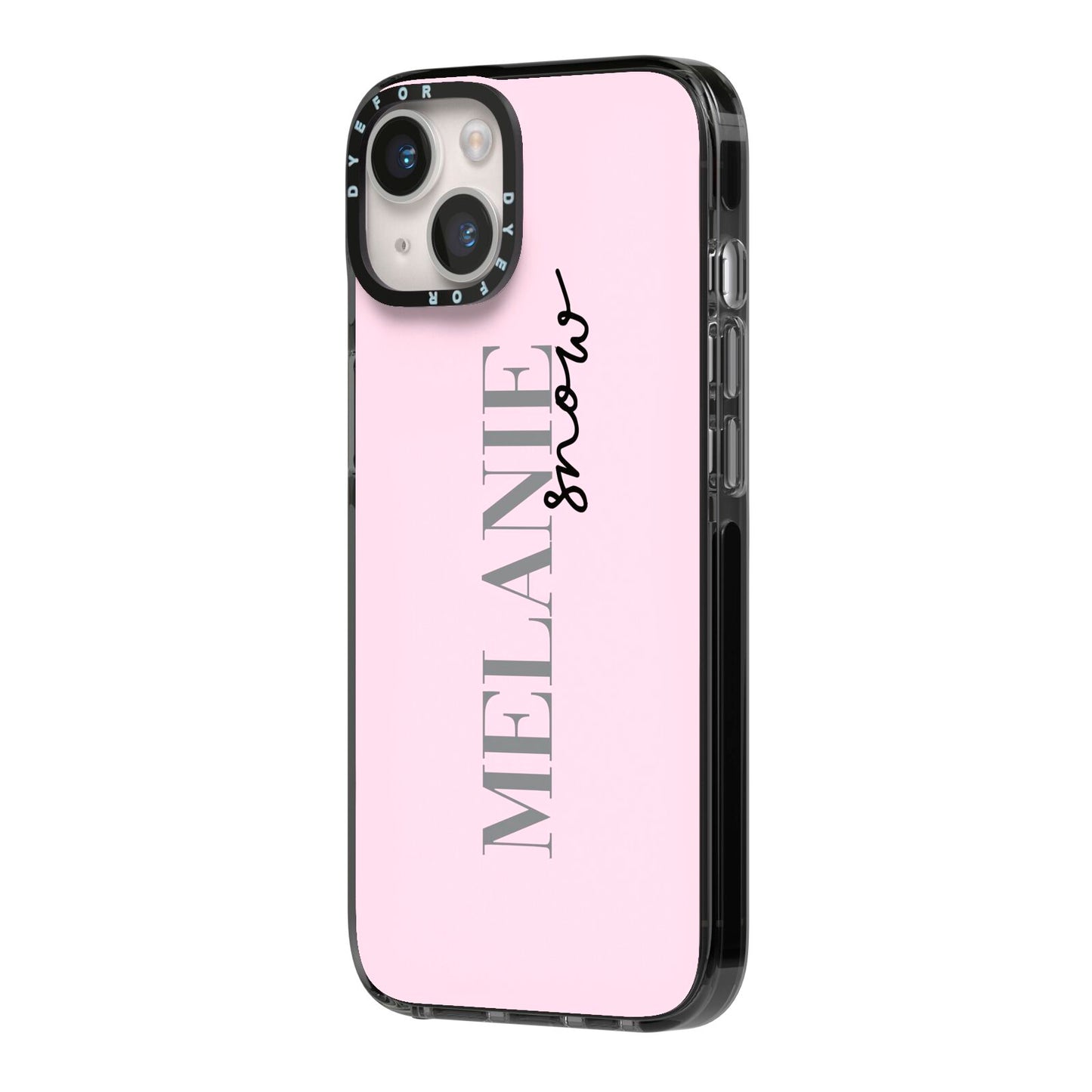 Personalised Dusty Pink Name iPhone 14 Black Impact Case Side Angle on Silver phone