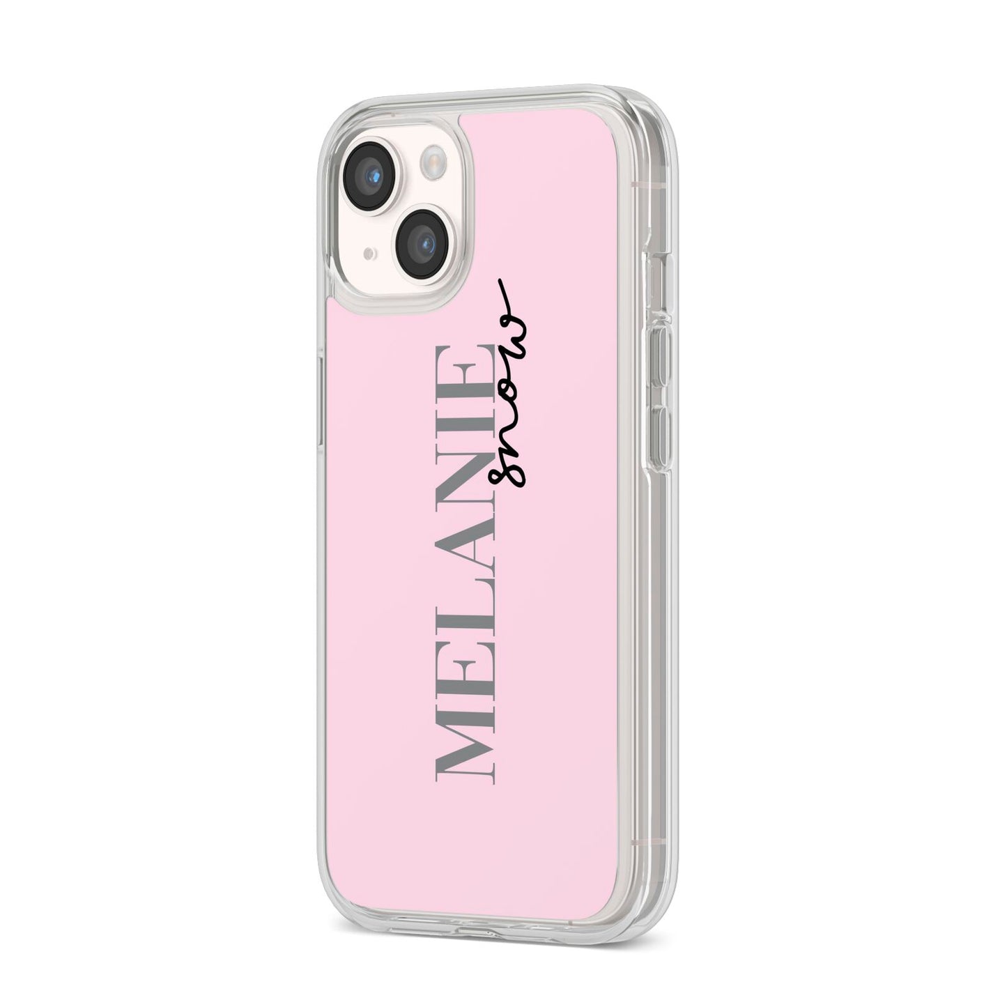 Personalised Dusty Pink Name iPhone 14 Clear Tough Case Starlight Angled Image