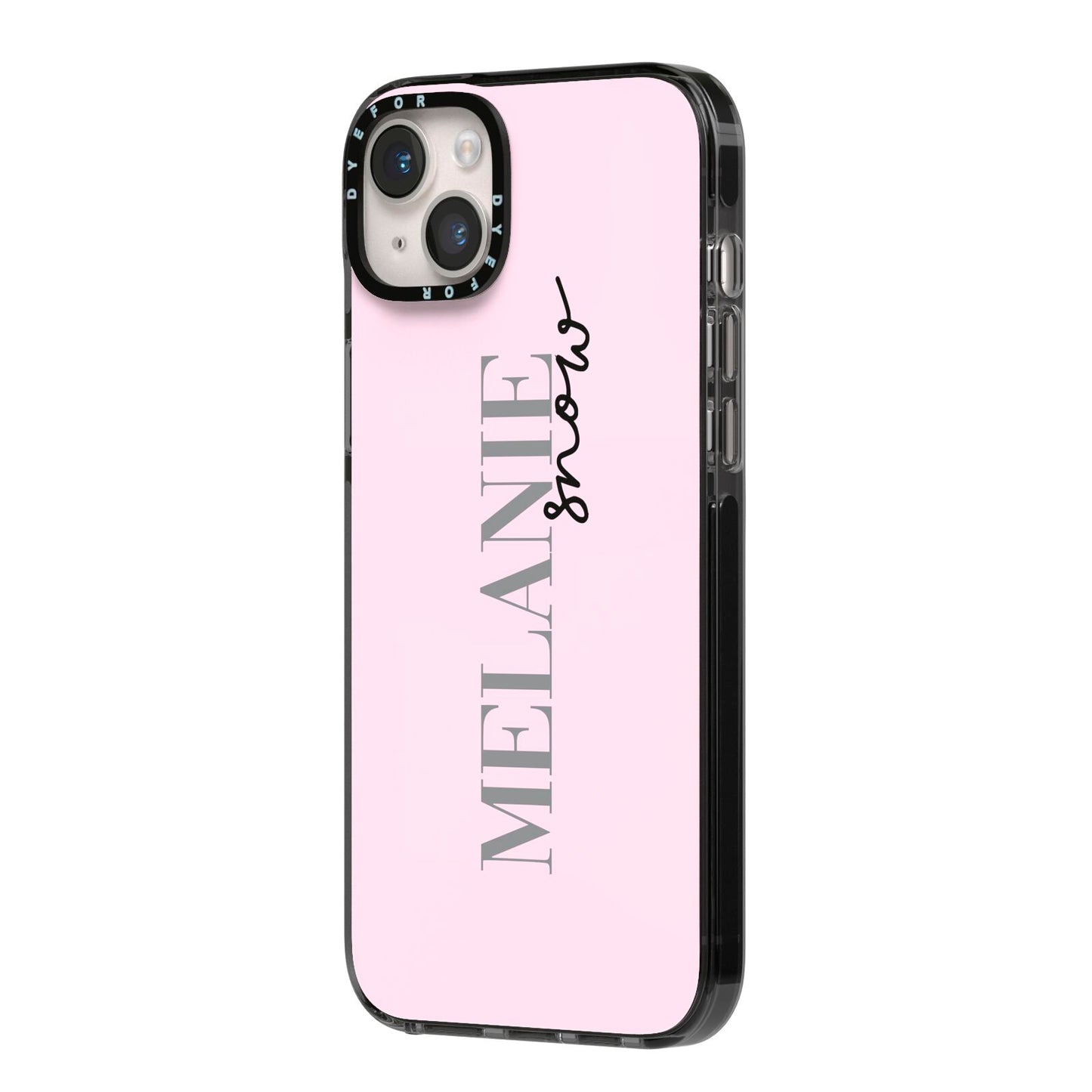 Personalised Dusty Pink Name iPhone 14 Plus Black Impact Case Side Angle on Silver phone