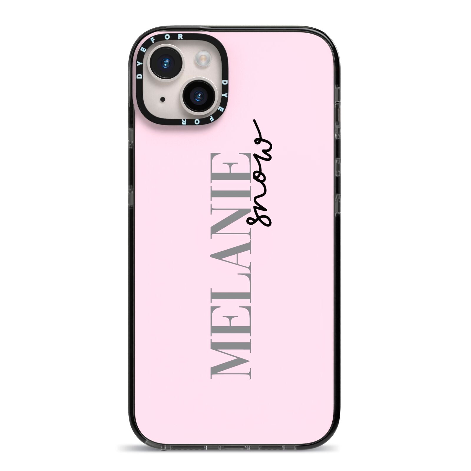 Personalised Dusty Pink Name iPhone 14 Plus Black Impact Case on Silver phone